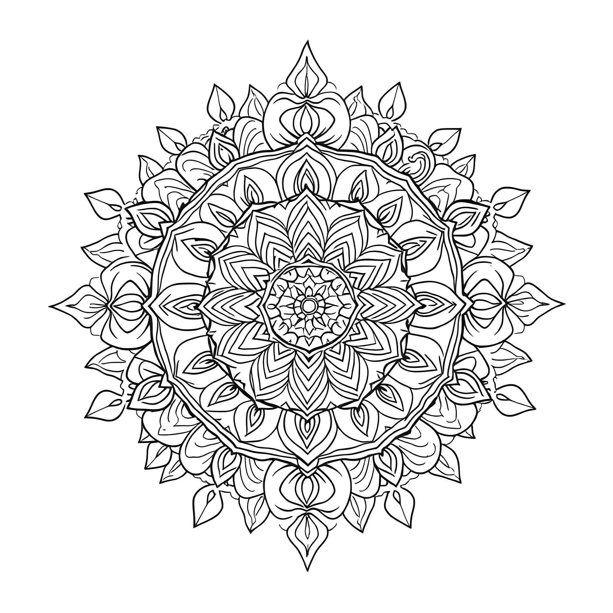 Mandala with intricate floral patterns and symmetry Coloring Page (free black-and-white line drawing printable PDF for all, from beginners to advanced learners, including children, teens, adults, and seniors)