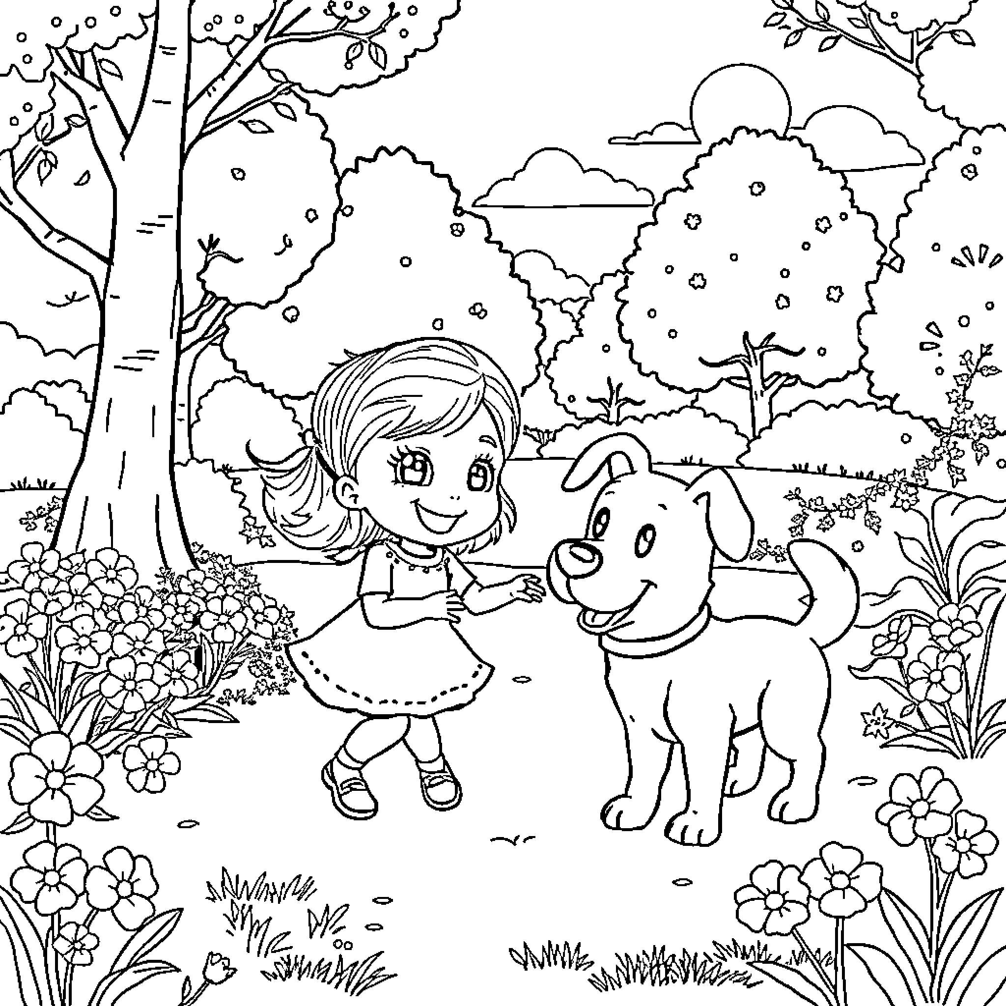 Gabby's Playful Outing with Her Canine Companion Coloring Page (free black-and-white line drawing printable PDF for all, from beginners to advanced learners, including children, teens, adults, and seniors)