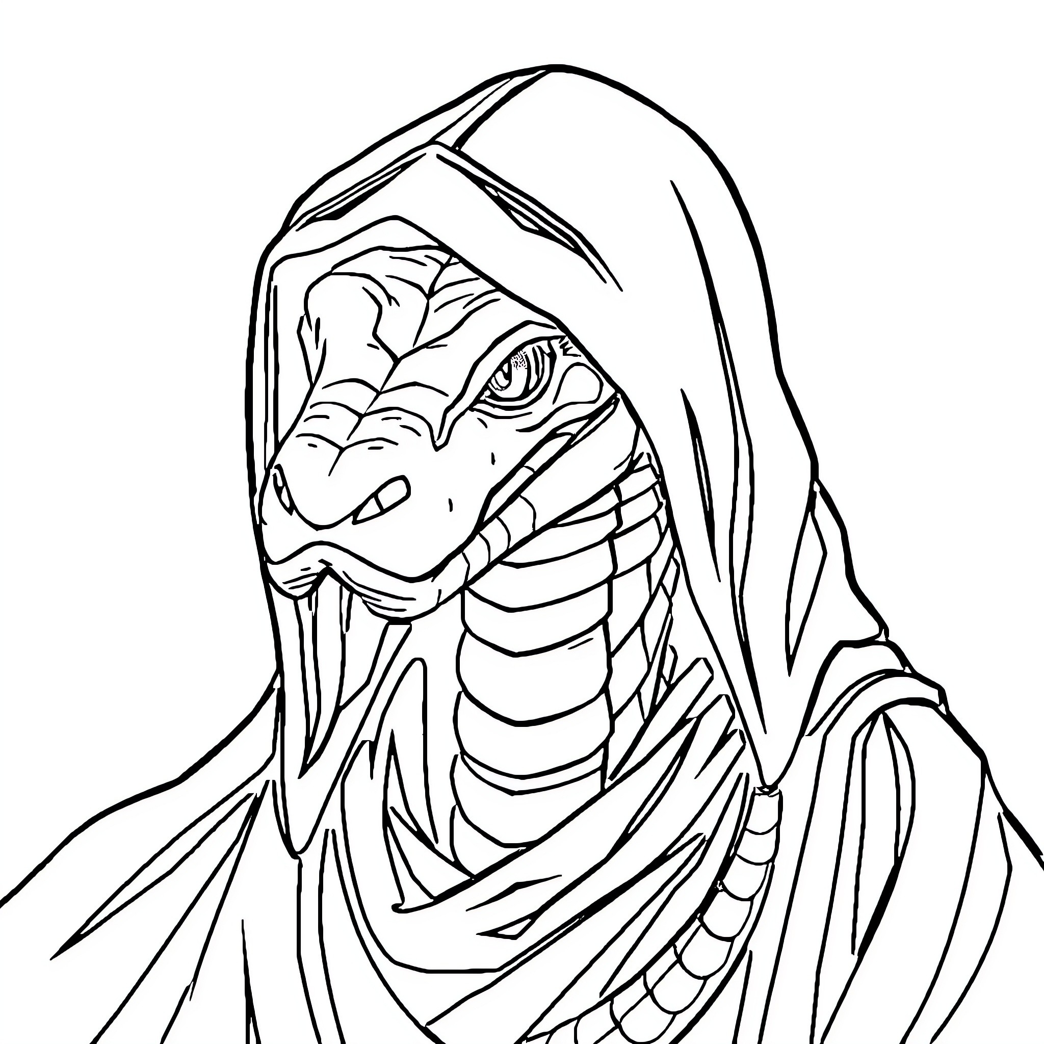 Viper Snake in Mysterious Hooded Attire Coloring Page (free black-and-white line drawing printable PDF for all, from beginners to advanced learners, including children, teens, adults, and seniors)