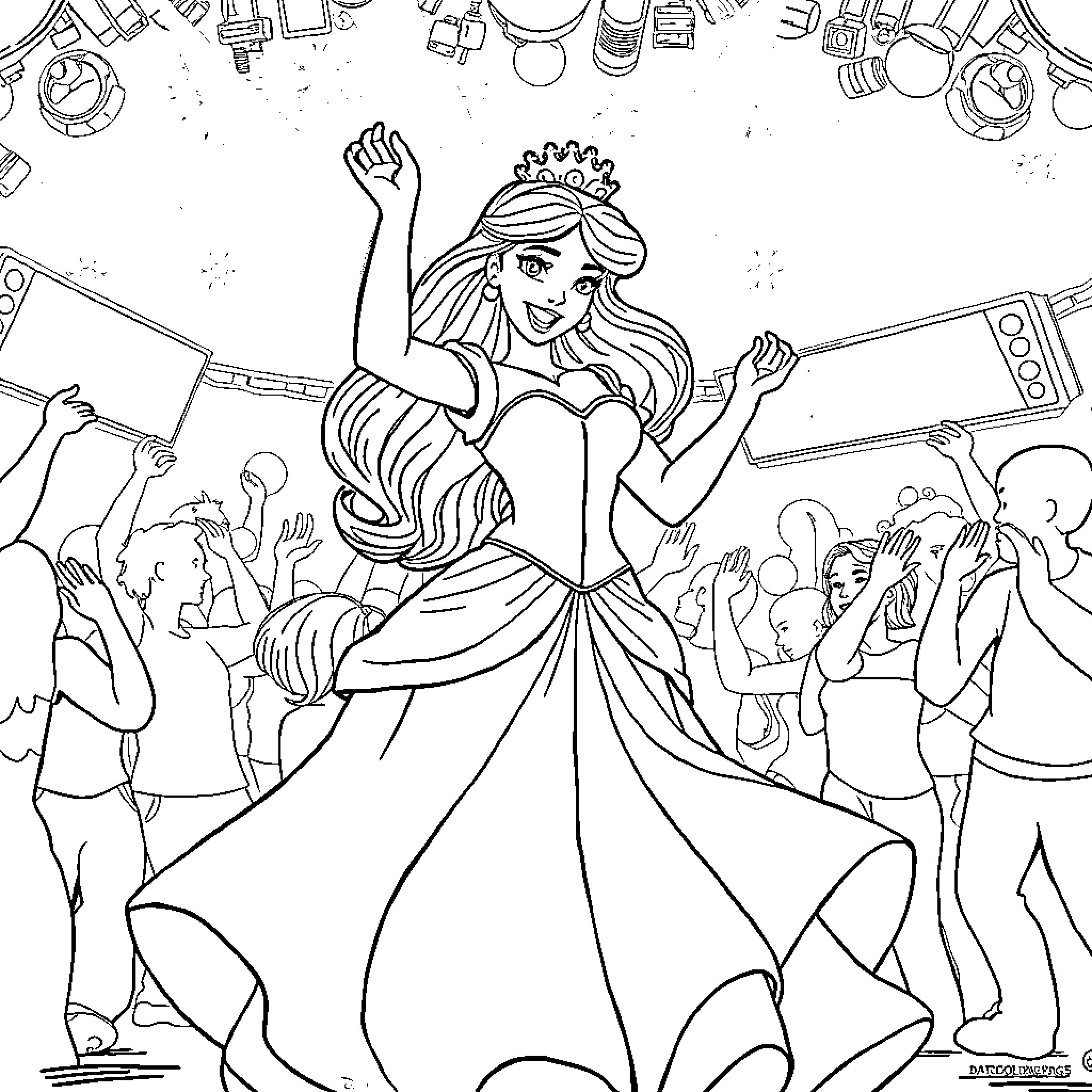 Princess Celebrates with Joyful Dance Coloring Page (free black-and-white line drawing printable PDF for all, from beginners to advanced learners, including children, teens, adults, and seniors)