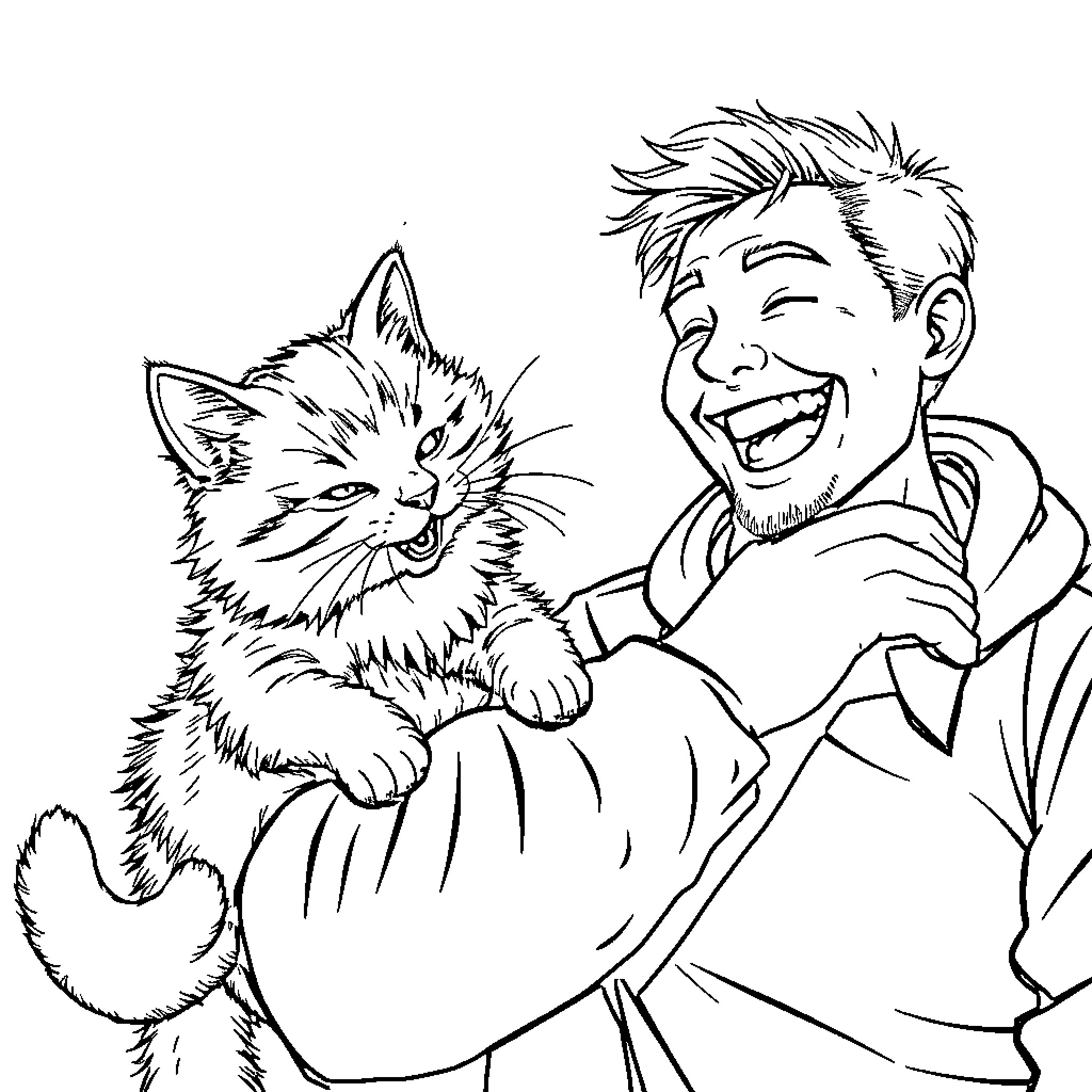 Cat cuddling happily with its owner Coloring Page (free black-and-white line drawing printable PDF for all, from beginners to advanced learners, including children, teens, adults, and seniors)