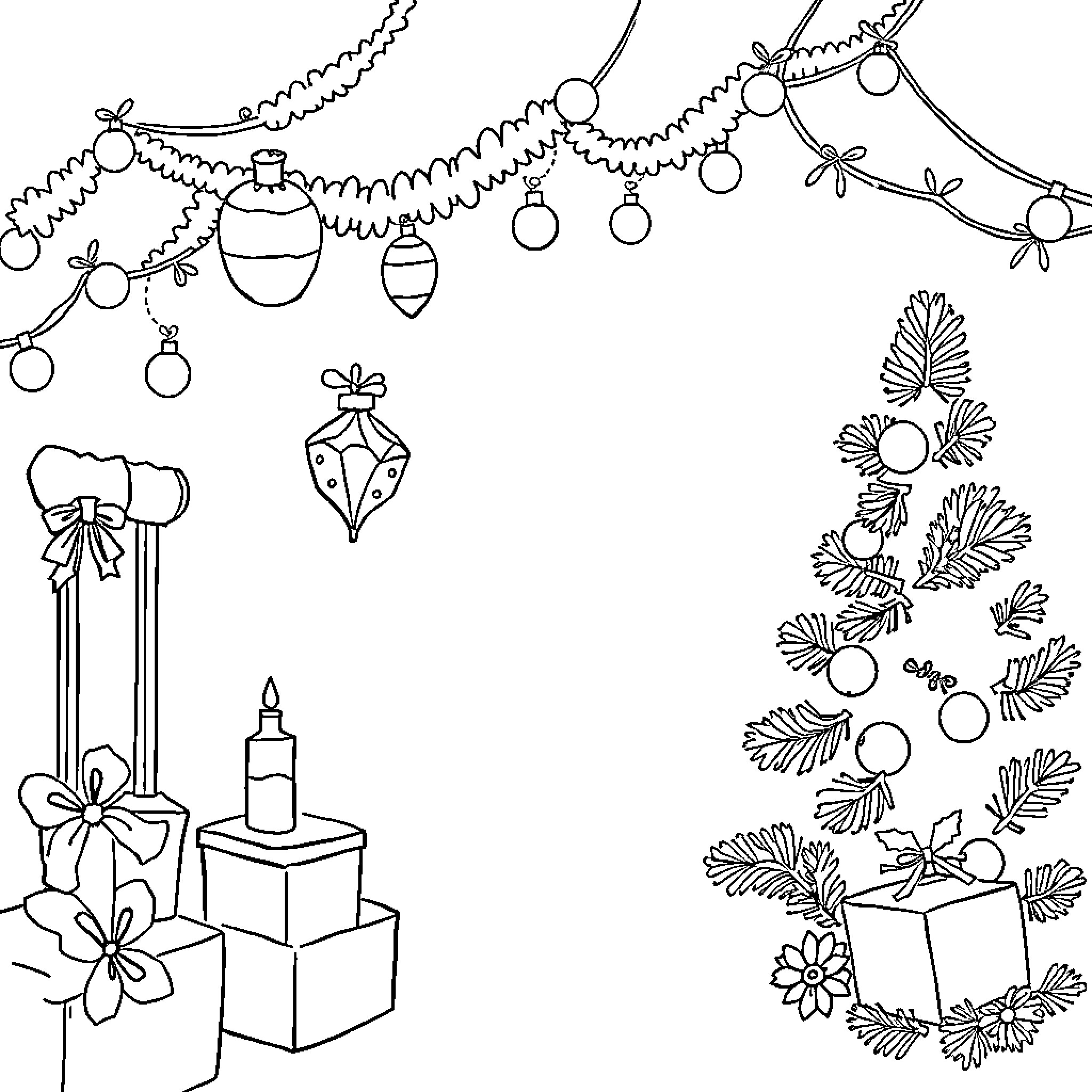 Noel's Holiday Decorations and Ornaments Coloring Page (free black-and-white line drawing printable PDF for all, from beginners to advanced learners, including children, teens, adults, and seniors)