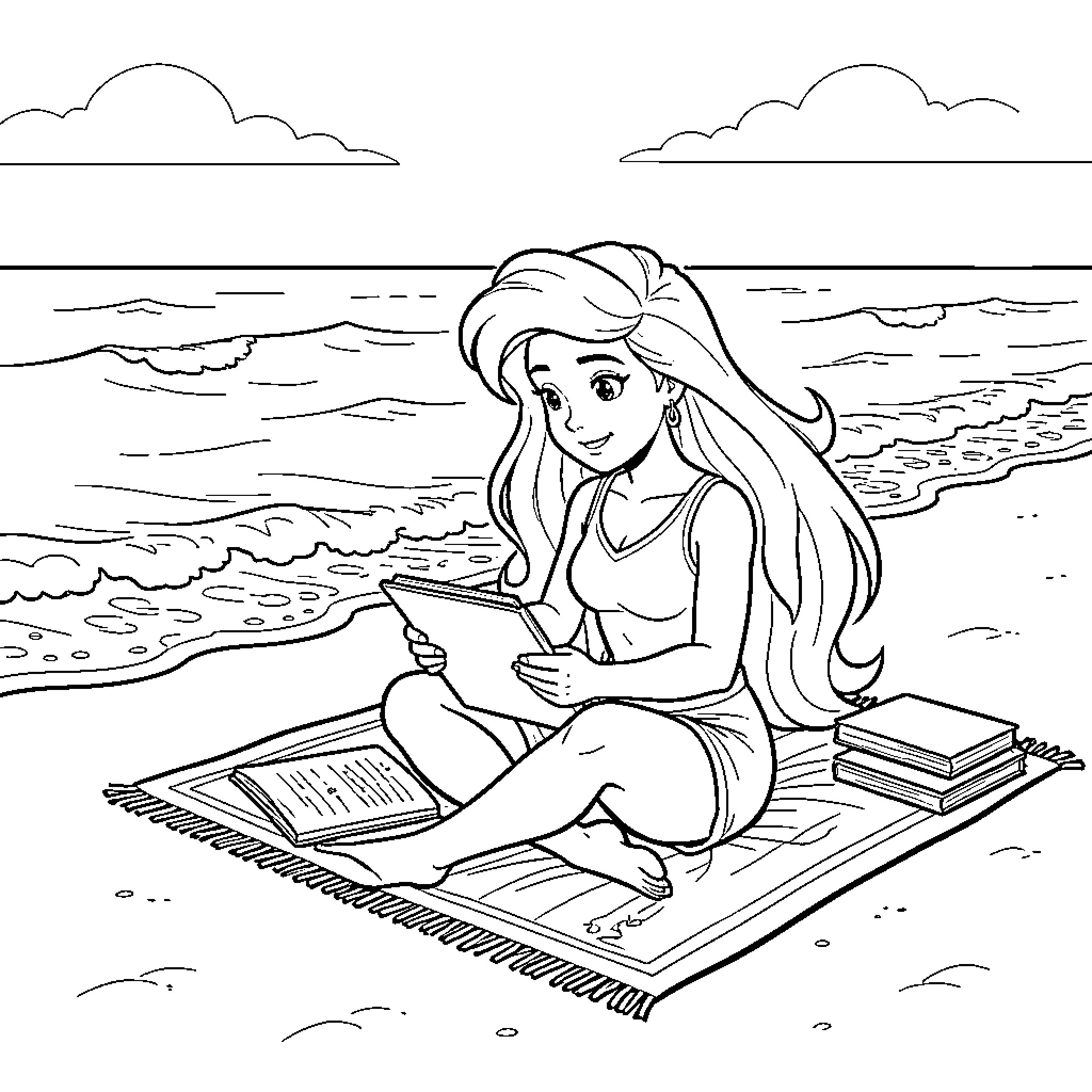 Ariel sitting on a beach mat reading a book Coloring Page (free black-and-white line drawing printable PDF for all, from beginners to advanced learners, including children, teens, adults, and seniors)