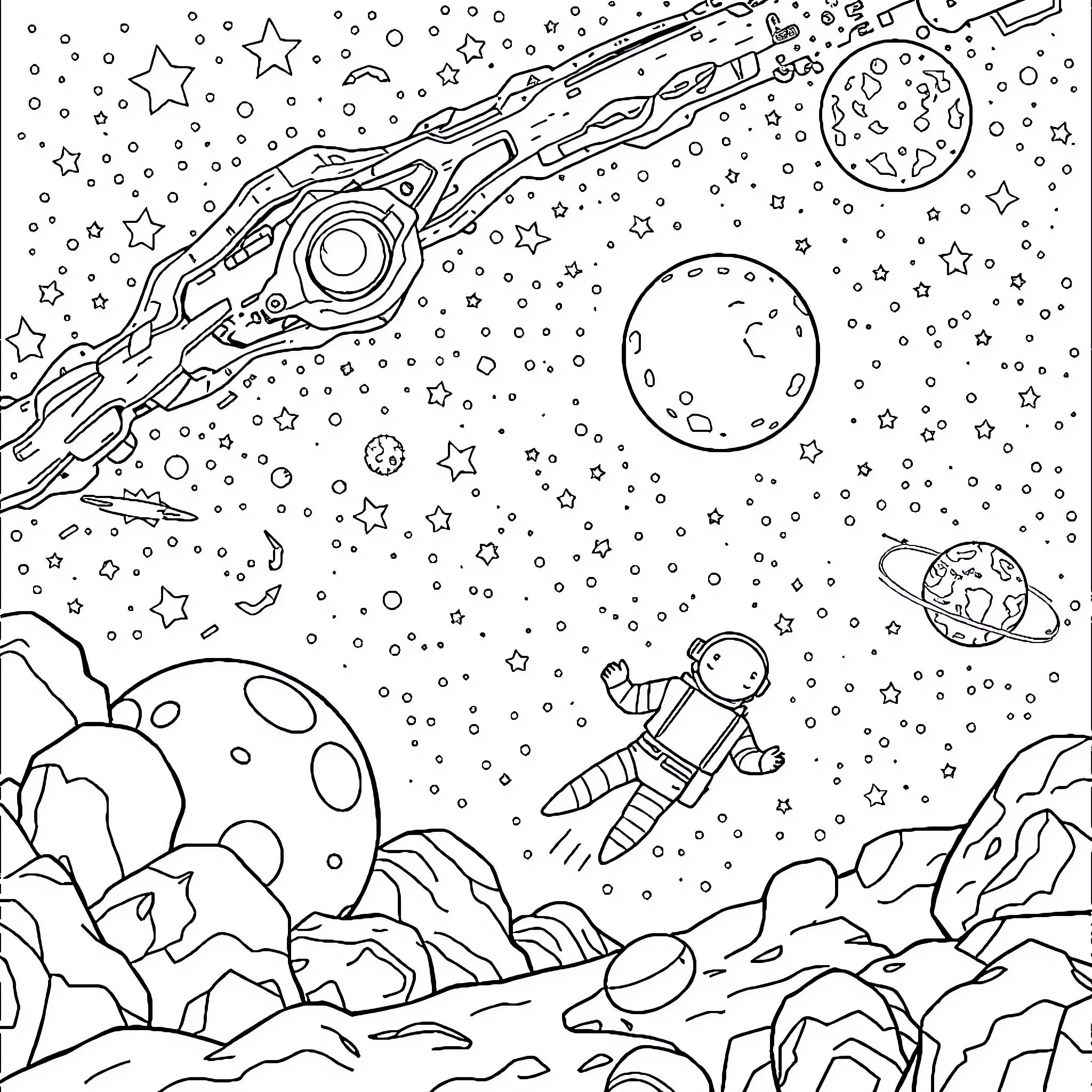 Space scene with astronaut and celestial objects Coloring Page (free black-and-white line drawing printable PDF for all, from beginners to advanced learners, including children, teens, adults, and seniors)