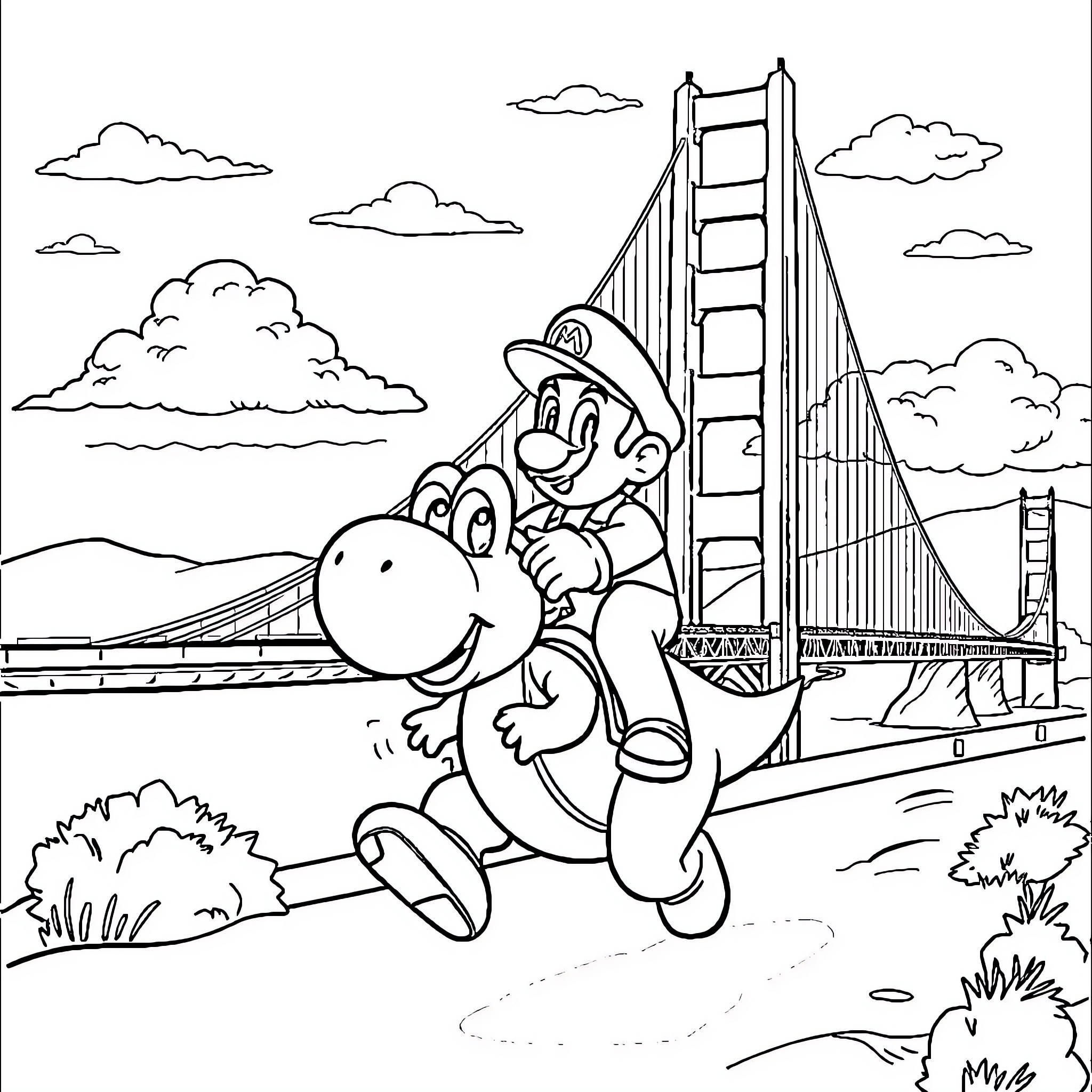 Mario exploring San Francisco's Golden Gate Bridge Coloring Page (free black-and-white line drawing printable PDF for all, from beginners to advanced learners, including children, teens, adults, and seniors)