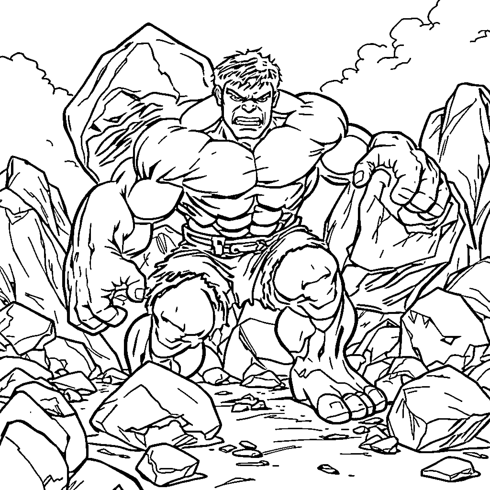 Hulk crushing boulders in a rocky landscape Coloring Page (free black-and-white line drawing printable PDF for all, from beginners to advanced learners, including children, teens, adults, and seniors)