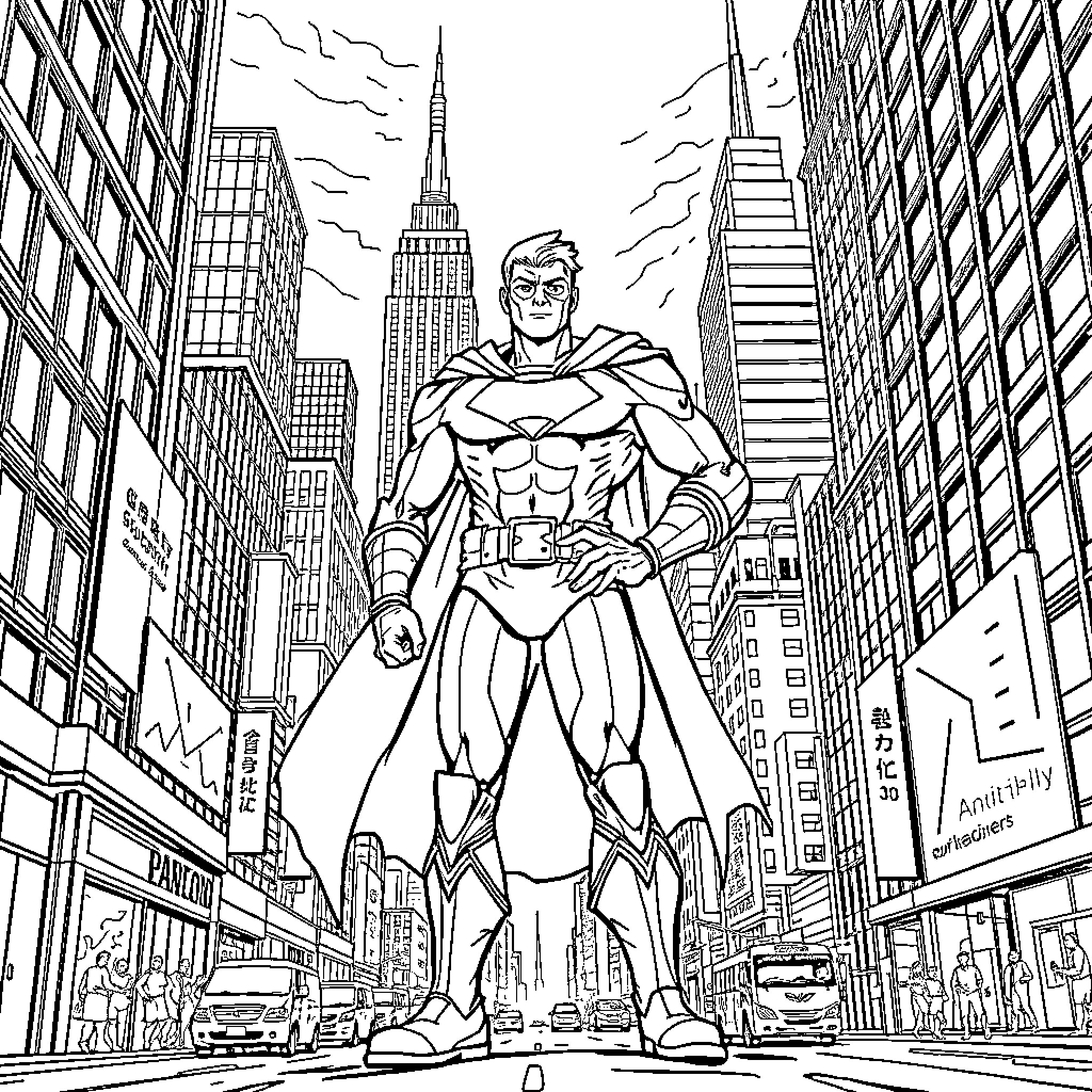 Hero Stands Tall in Metropolis Coloring Page (free black-and-white line drawing printable PDF for all, from beginners to advanced learners, including children, teens, adults, and seniors)