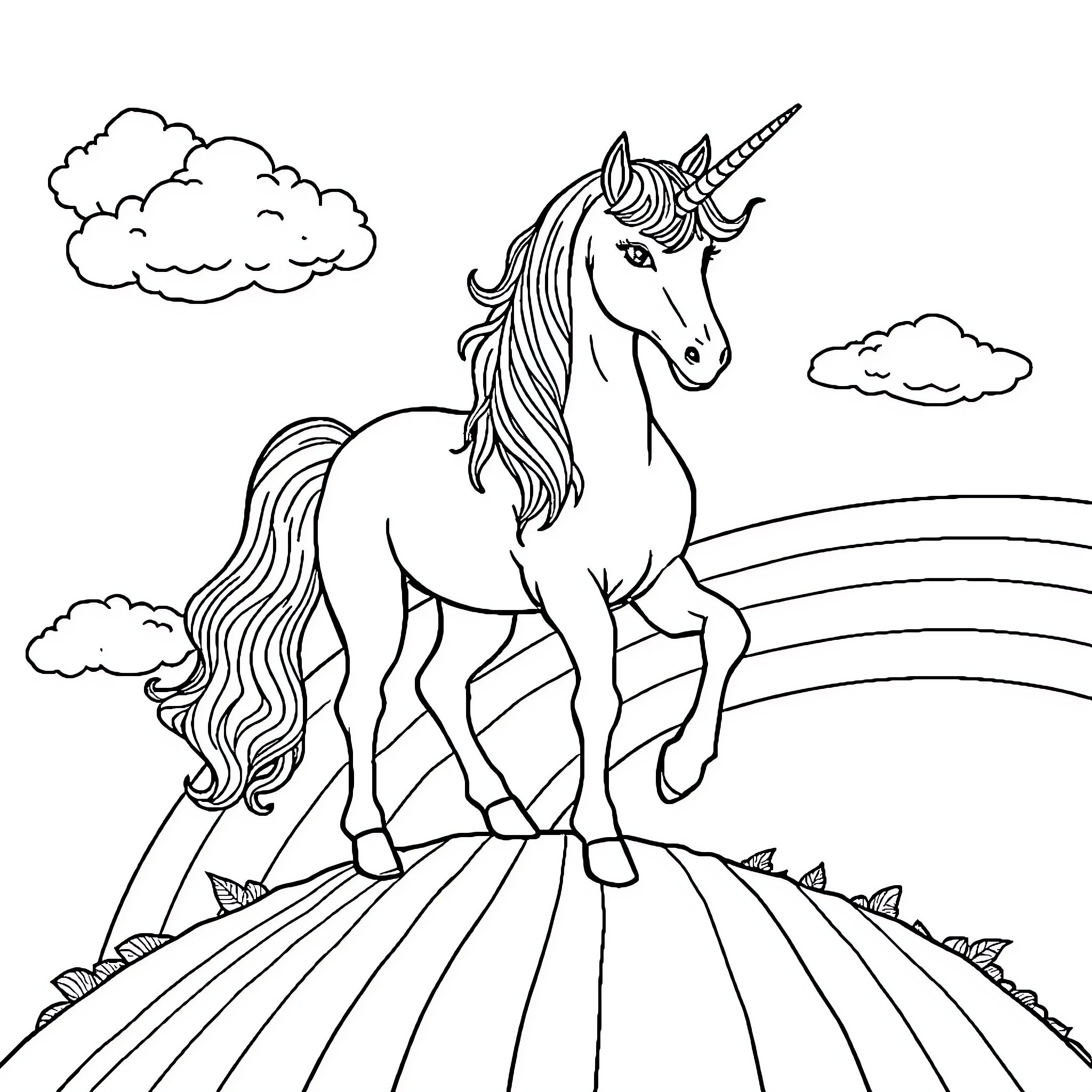 Unicorn Galloping Through Magical Landscape Coloring Page (free black-and-white line drawing printable PDF for all, from beginners to advanced learners, including children, teens, adults, and seniors)