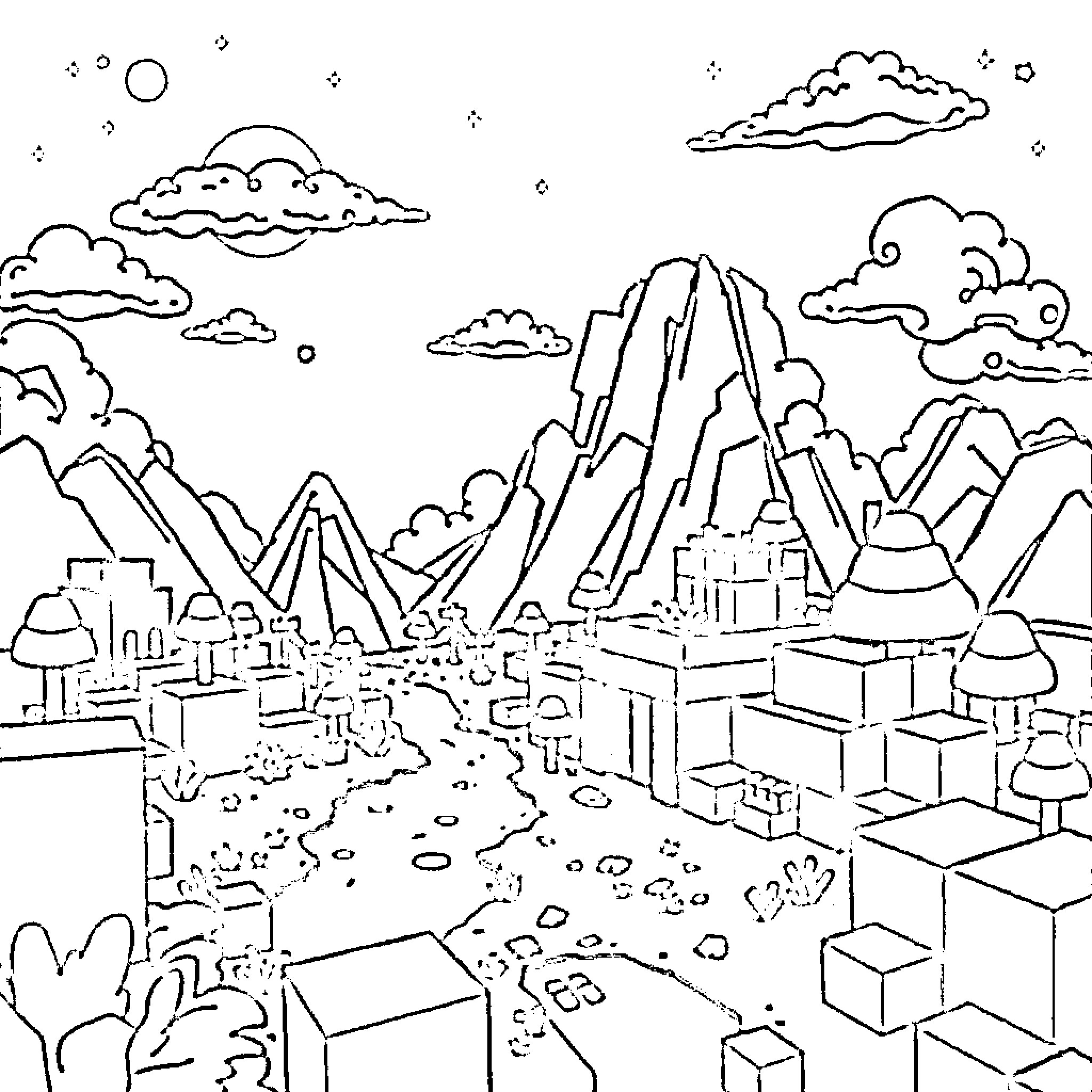 Minecraft Landscape with Mountainous Terrain and Cloudy Sky Coloring Page (free black-and-white line drawing printable PDF for all, from beginners to advanced learners, including children, teens, adults, and seniors)