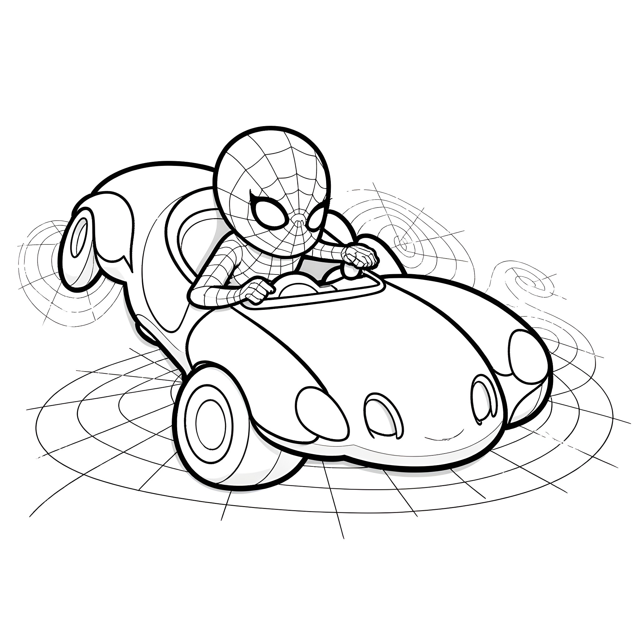 Spiderman driving in a whimsical car Coloring Page (free black-and-white line drawing printable PDF for all, from beginners to advanced learners, including children, teens, adults, and seniors)