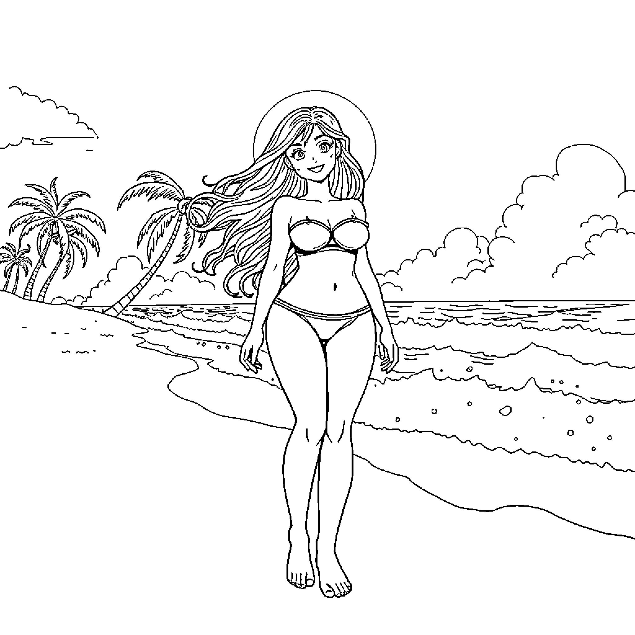 Hinata enjoying a day at the beach Coloring Page (free black-and-white line drawing printable PDF for all, from beginners to advanced learners, including children, teens, adults, and seniors)
