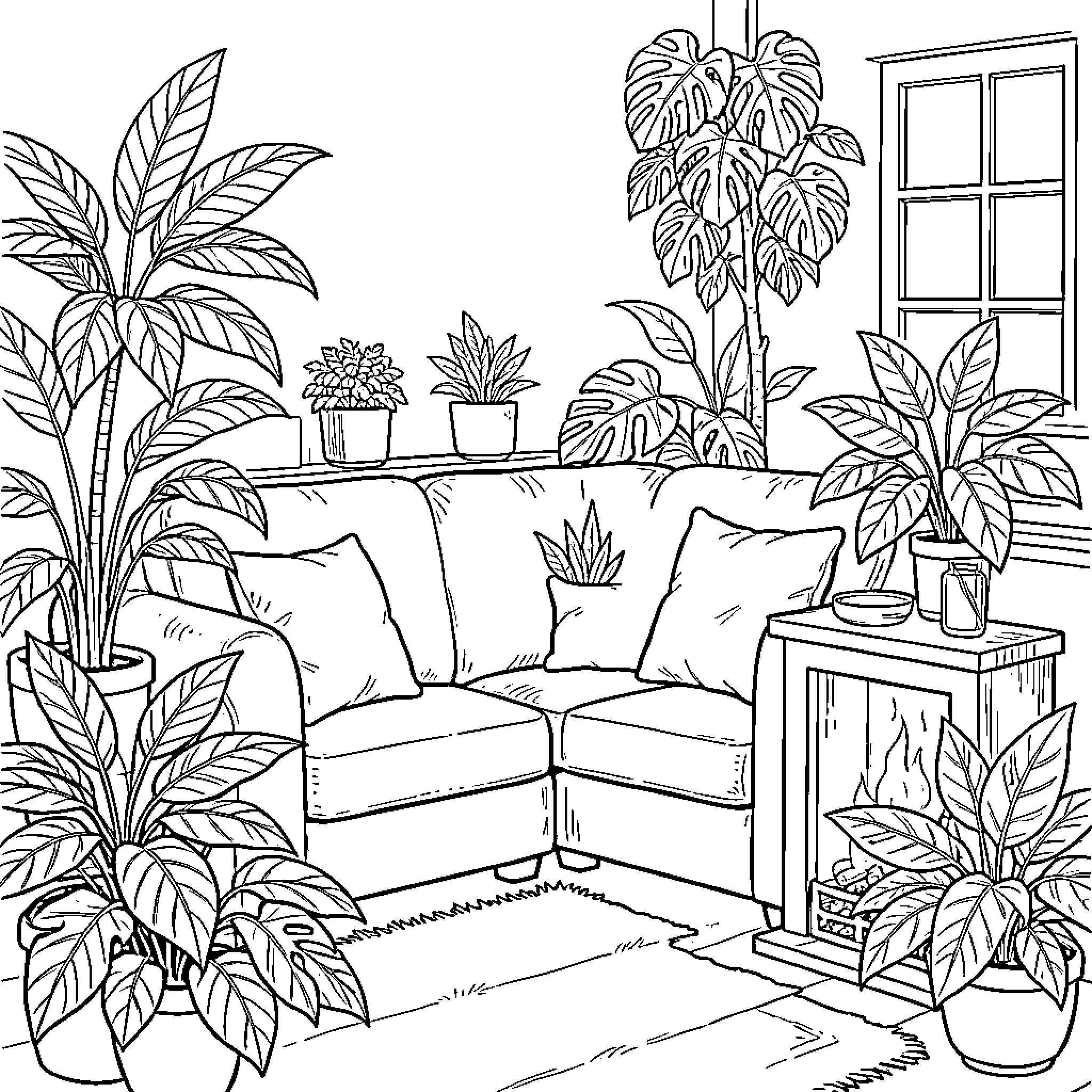 Couch surrounded by many lush indoor plants Coloring Page (free black-and-white line drawing printable PDF for all, from beginners to advanced learners, including children, teens, adults, and seniors)