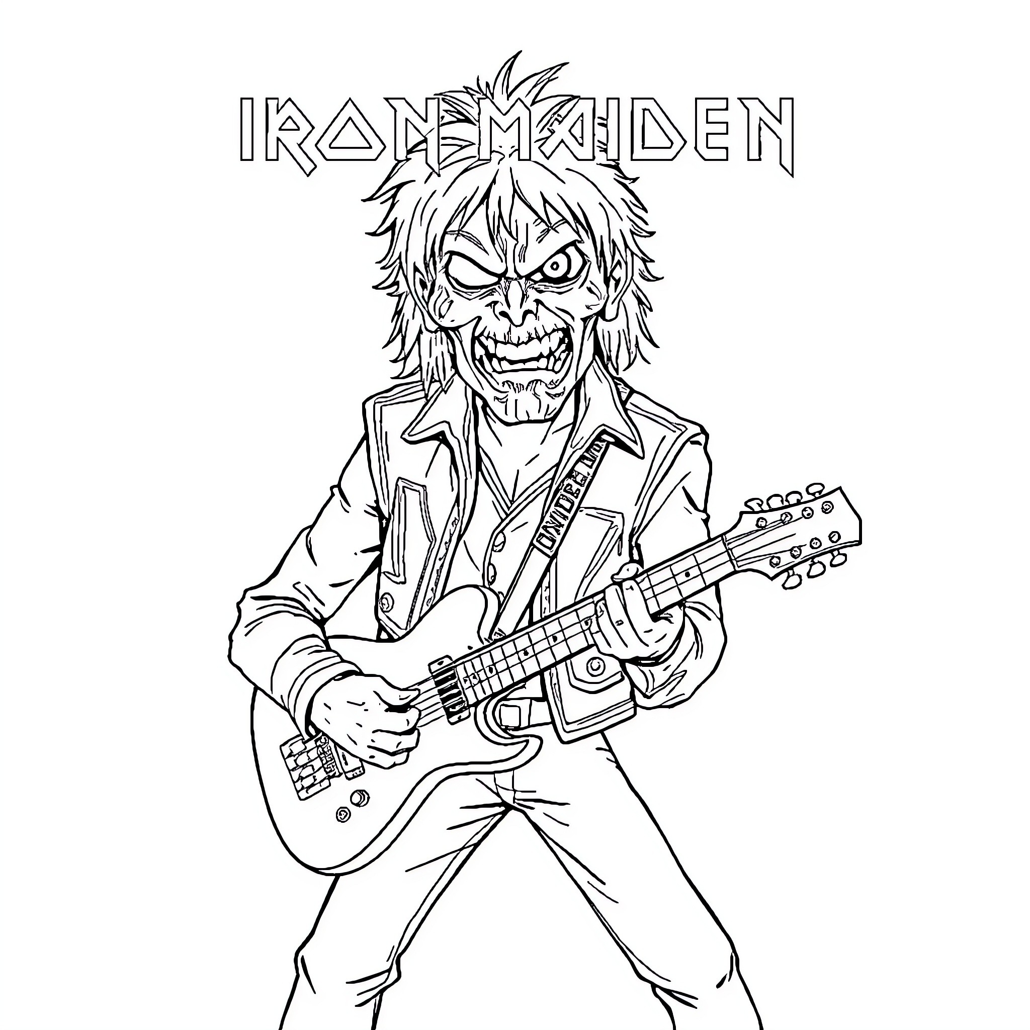 Eddy the Rocking Iron Maiden Musician Coloring Page (free black-and-white line drawing printable PDF for all, from beginners to advanced learners, including children, teens, adults, and seniors)
