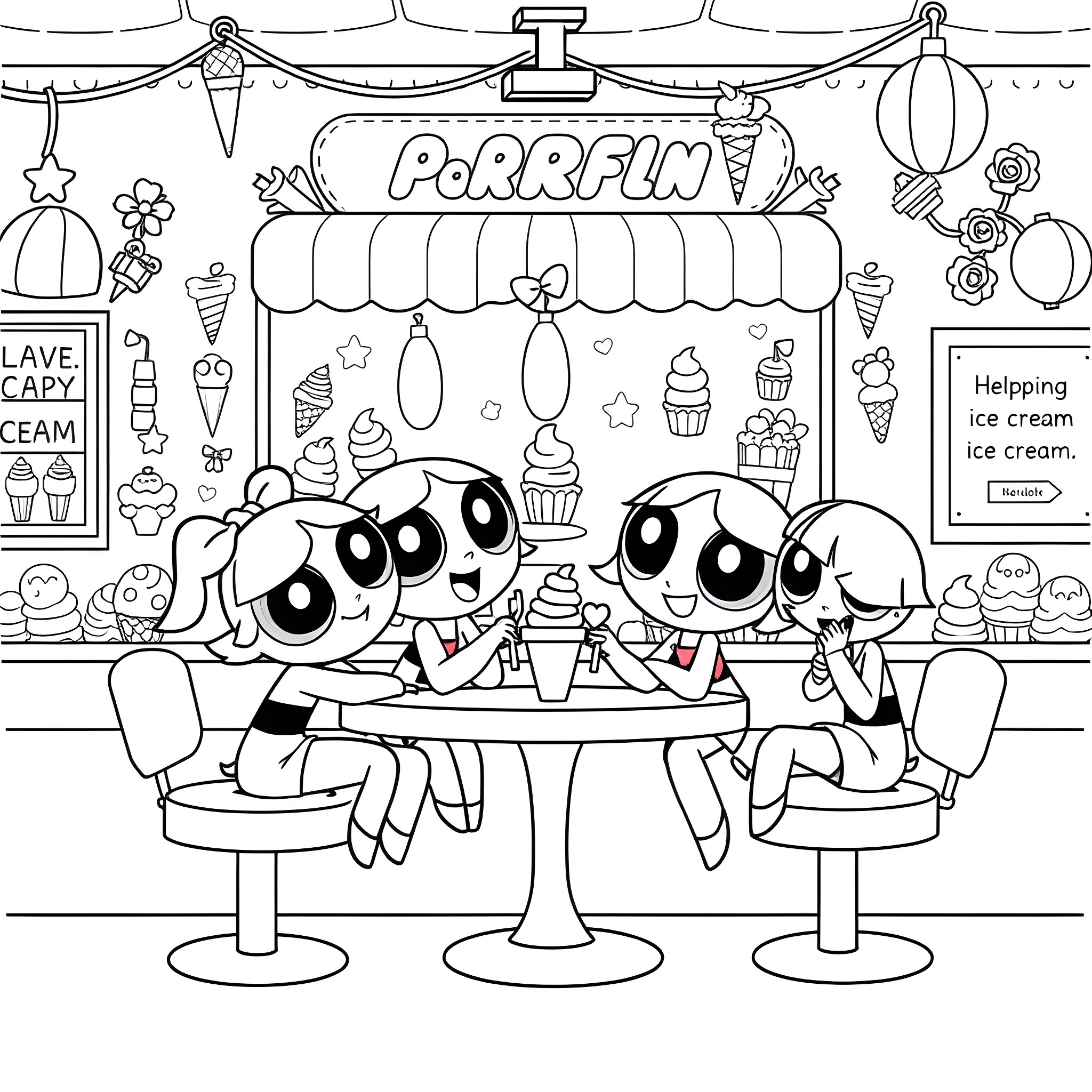Powerpuff Girls enjoying ice cream at the parlor Coloring Page (free black-and-white line drawing printable PDF for all, from beginners to advanced learners, including children, teens, adults, and seniors)