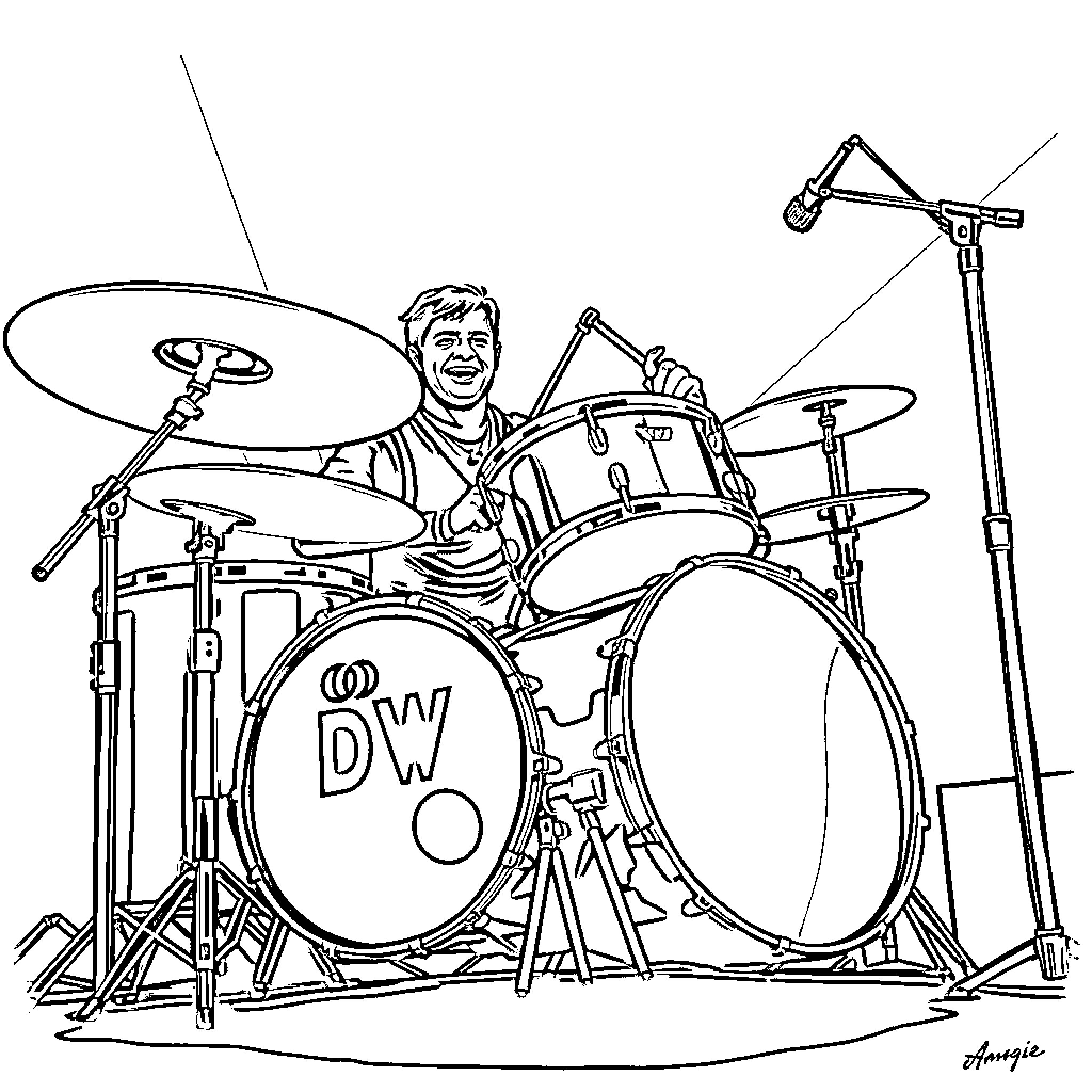 Alex Gonzalez playing drums enthusiastically on stage Coloring Page (free black-and-white line drawing printable PDF for all, from beginners to advanced learners, including children, teens, adults, and seniors)