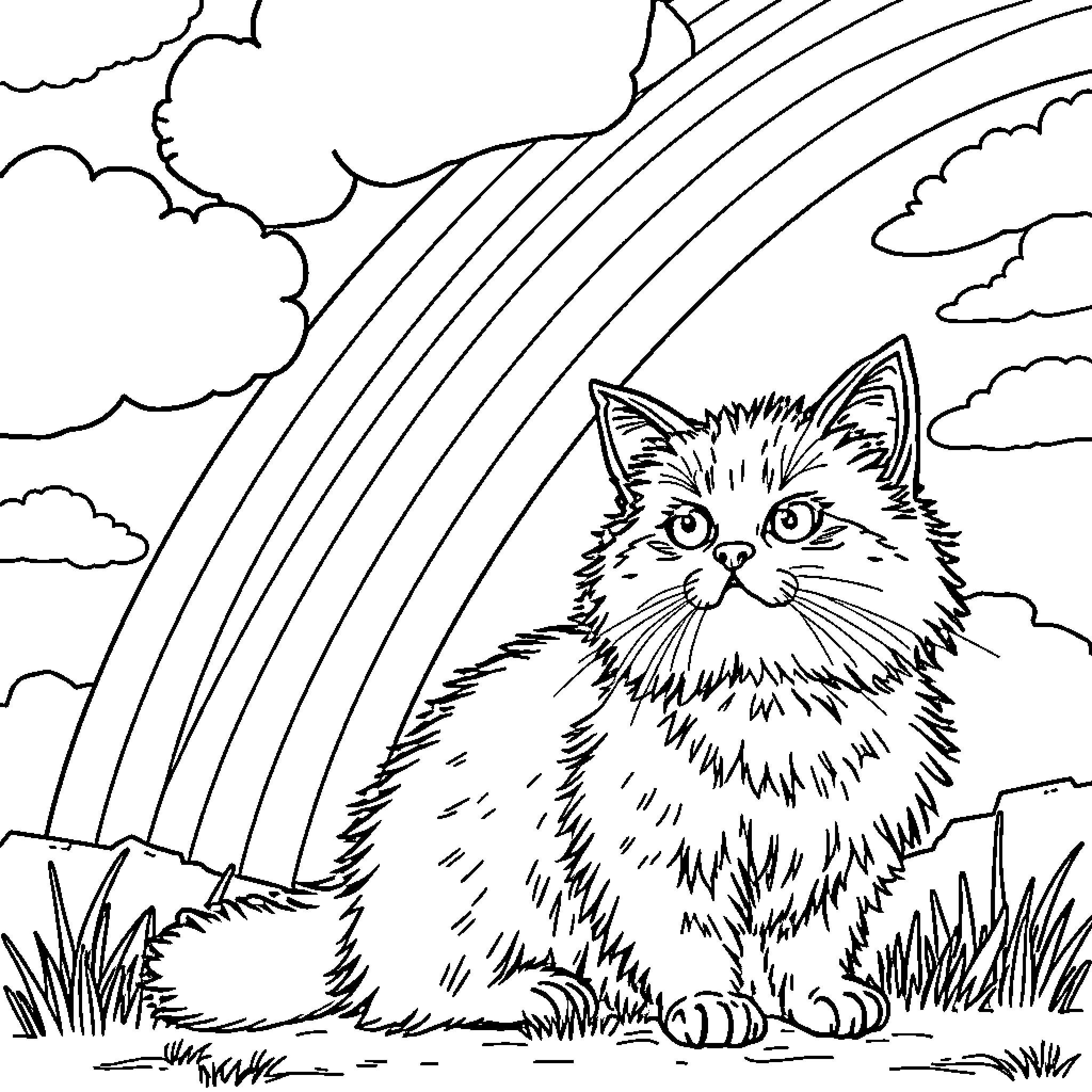 Cat surrounded by nature and rainbow Coloring Page (free black-and-white line drawing printable PDF for all, from beginners to advanced learners, including children, teens, adults, and seniors)