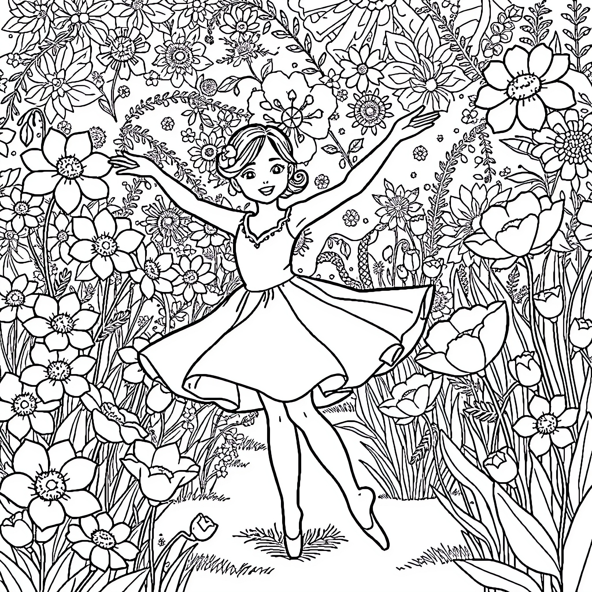 Ballerina dancing amidst a floral wonderland Coloring Page (free black-and-white line drawing printable PDF for all, from beginners to advanced learners, including children, teens, adults, and seniors)