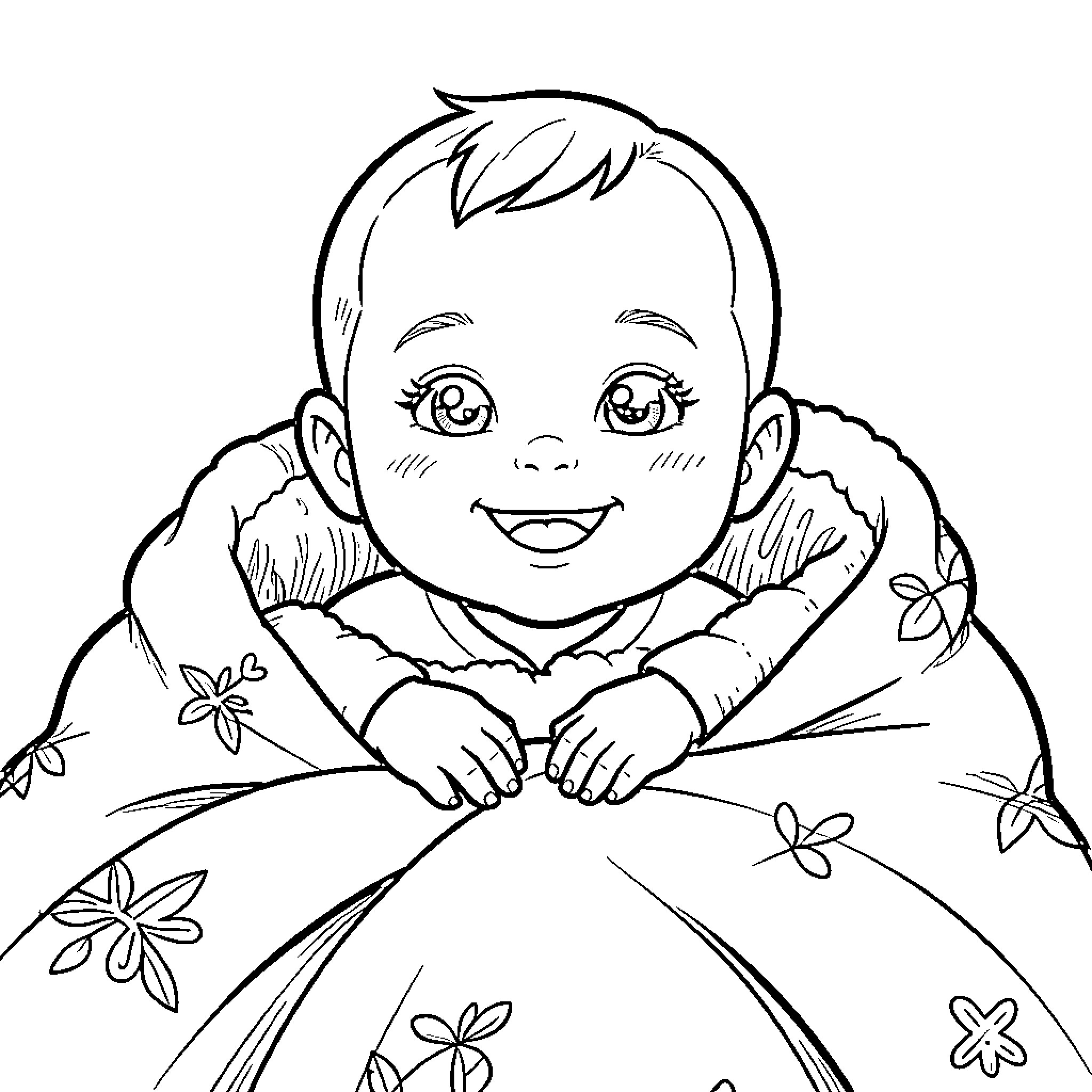 Baby smiling happily wrapped in floral blanket Coloring Page (free black-and-white line drawing printable PDF for all, from beginners to advanced learners, including children, teens, adults, and seniors)
