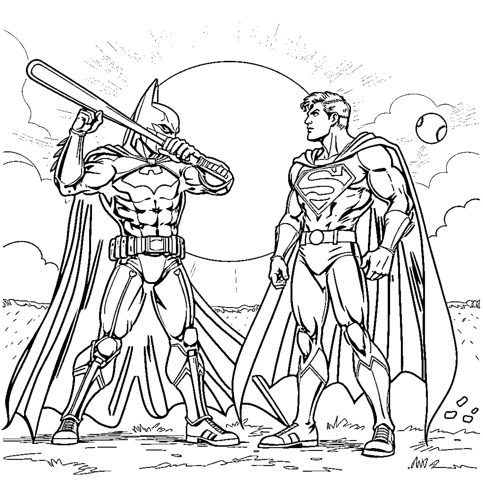 Batman and Superman Confrontation Coloring Page (free black-and-white line drawing printable PDF for all, from beginners to advanced learners, including children, teens, adults, and seniors)