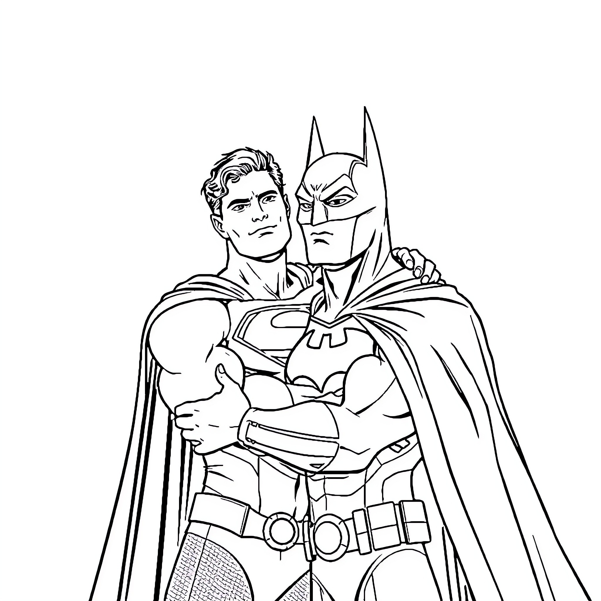 Superman and Batman working together Coloring Page (free black-and-white line drawing printable PDF for all, from beginners to advanced learners, including children, teens, adults, and seniors)