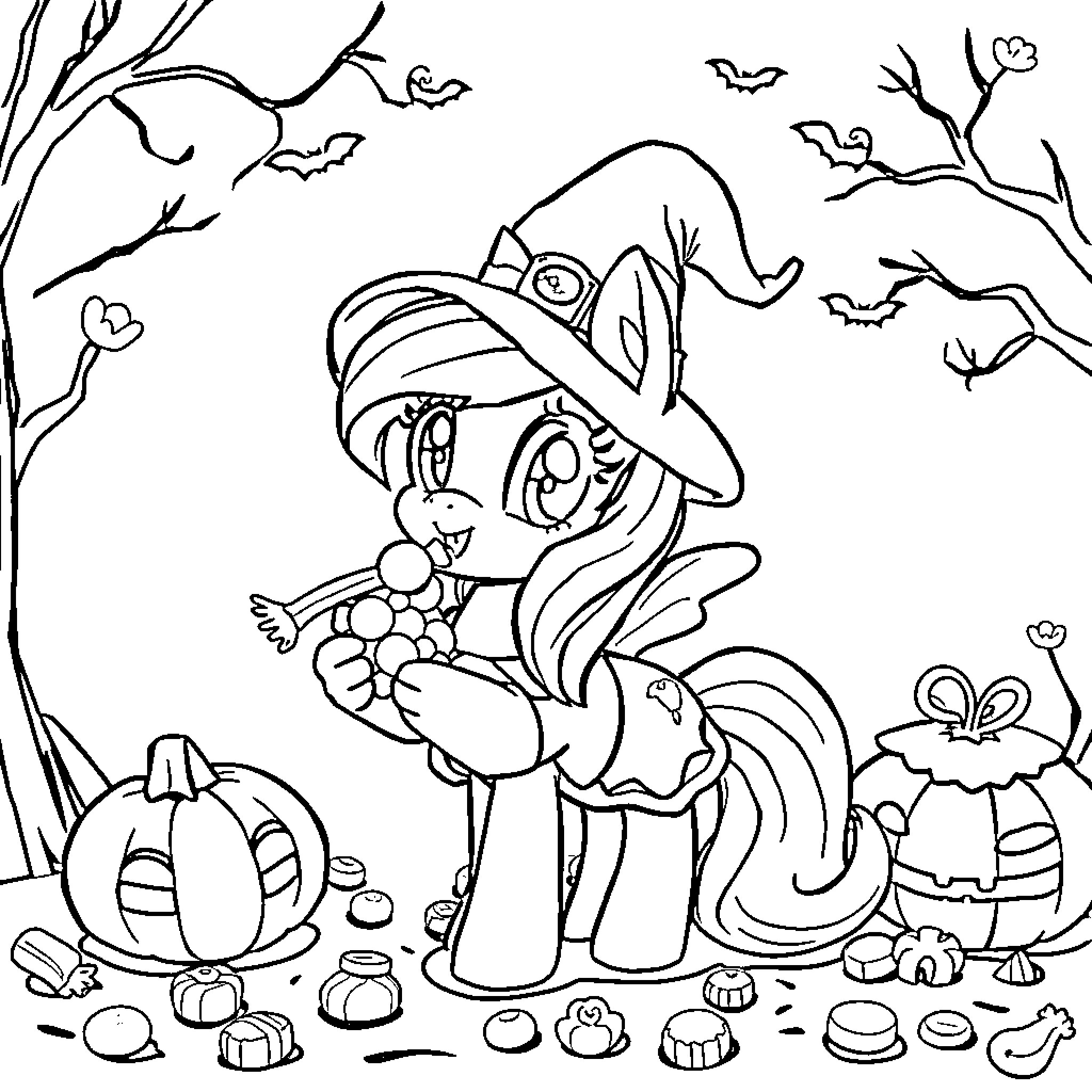 Ponyo exploring a spooky Halloween scene Coloring Page (free black-and-white line drawing printable PDF for all, from beginners to advanced learners, including children, teens, adults, and seniors)