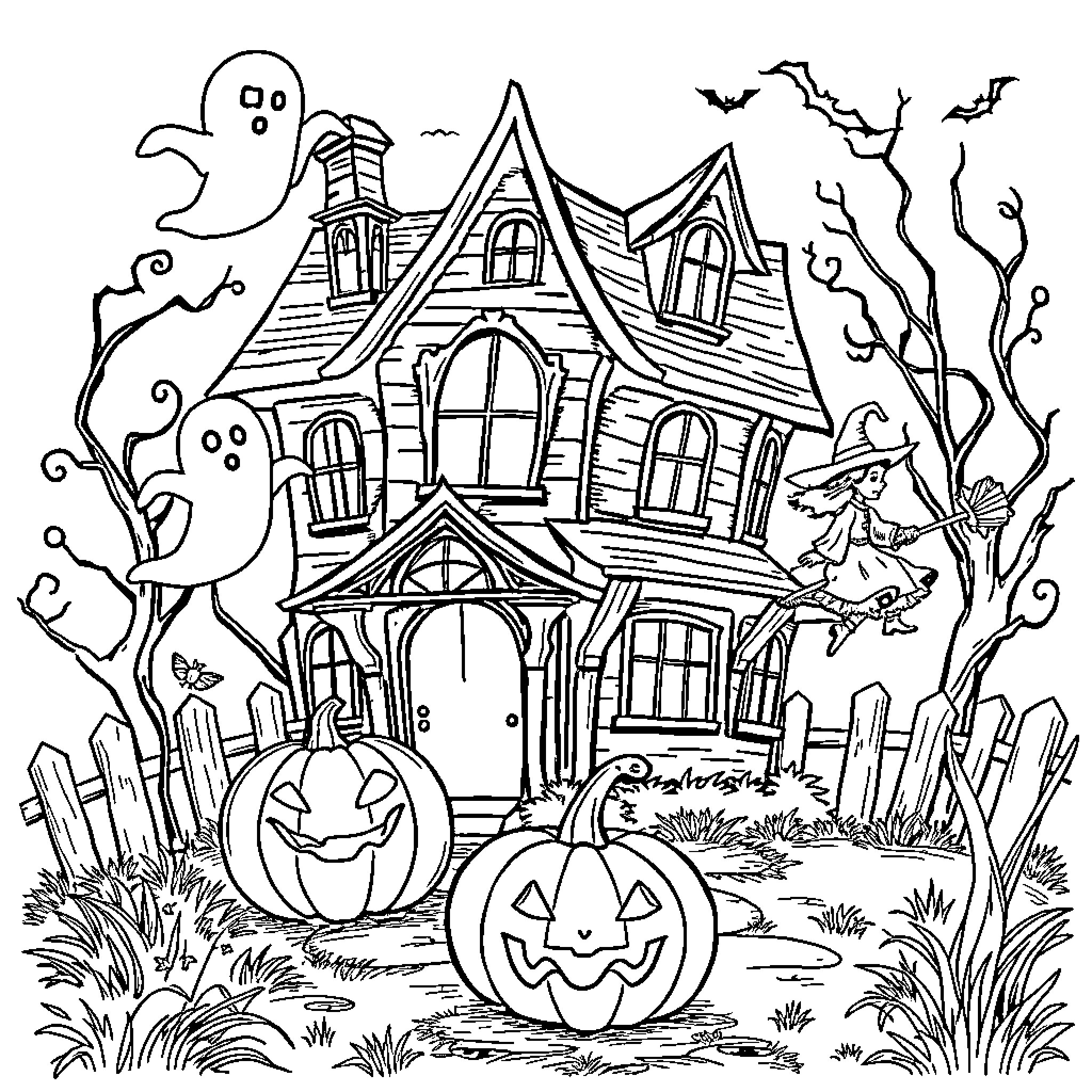 Haunted House with Ghosts, Pumpkins, and a Witch Coloring Page (free black-and-white line drawing printable PDF for all, from beginners to advanced learners, including children, teens, adults, and seniors)