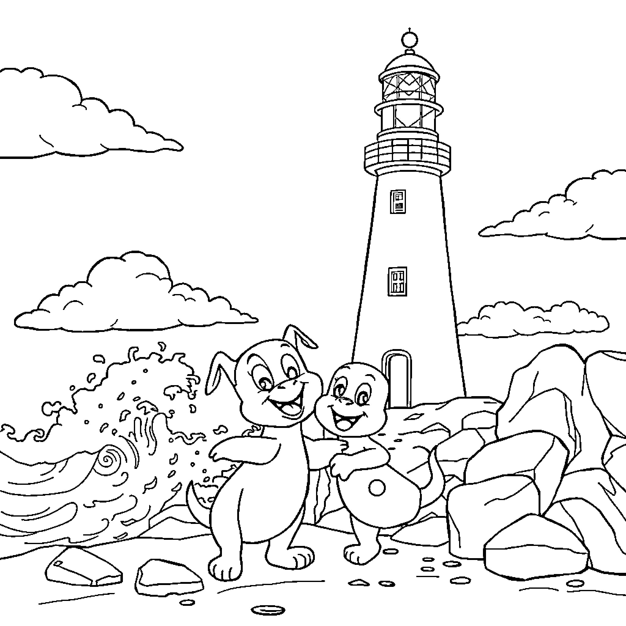 Bluey and Bingo's lighthouse adventure Coloring Page (free black-and-white line drawing printable PDF for all, from beginners to advanced learners, including children, teens, adults, and seniors)