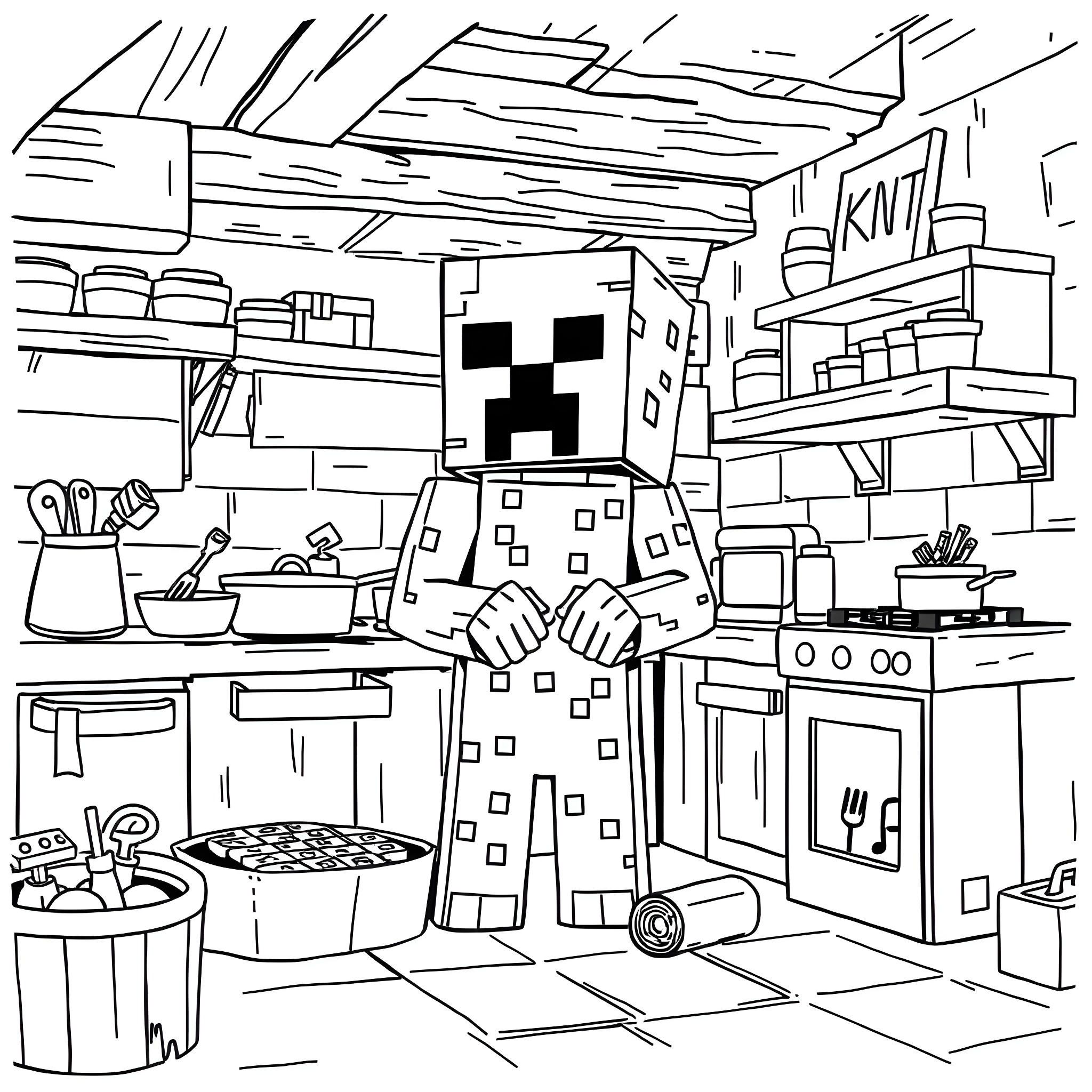 Creeper exploring the kitchen in a Minecraft-style world Coloring Page (free black-and-white line drawing printable PDF for all, from beginners to advanced learners, including children, teens, adults, and seniors)