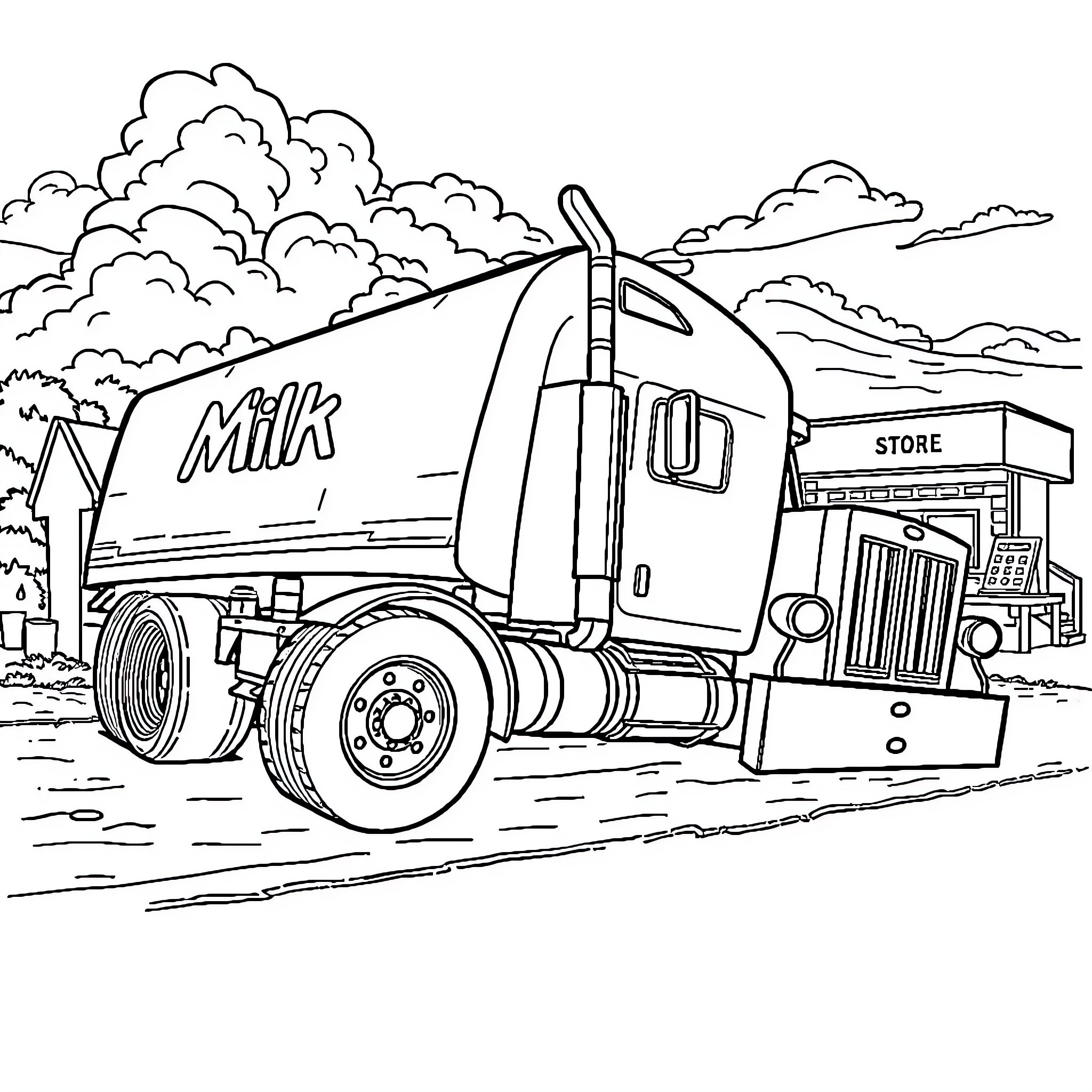 Semi Truck Delivering Milk to the Store Coloring Page (free black-and-white line drawing printable PDF for all, from beginners to advanced learners, including children, teens, adults, and seniors)