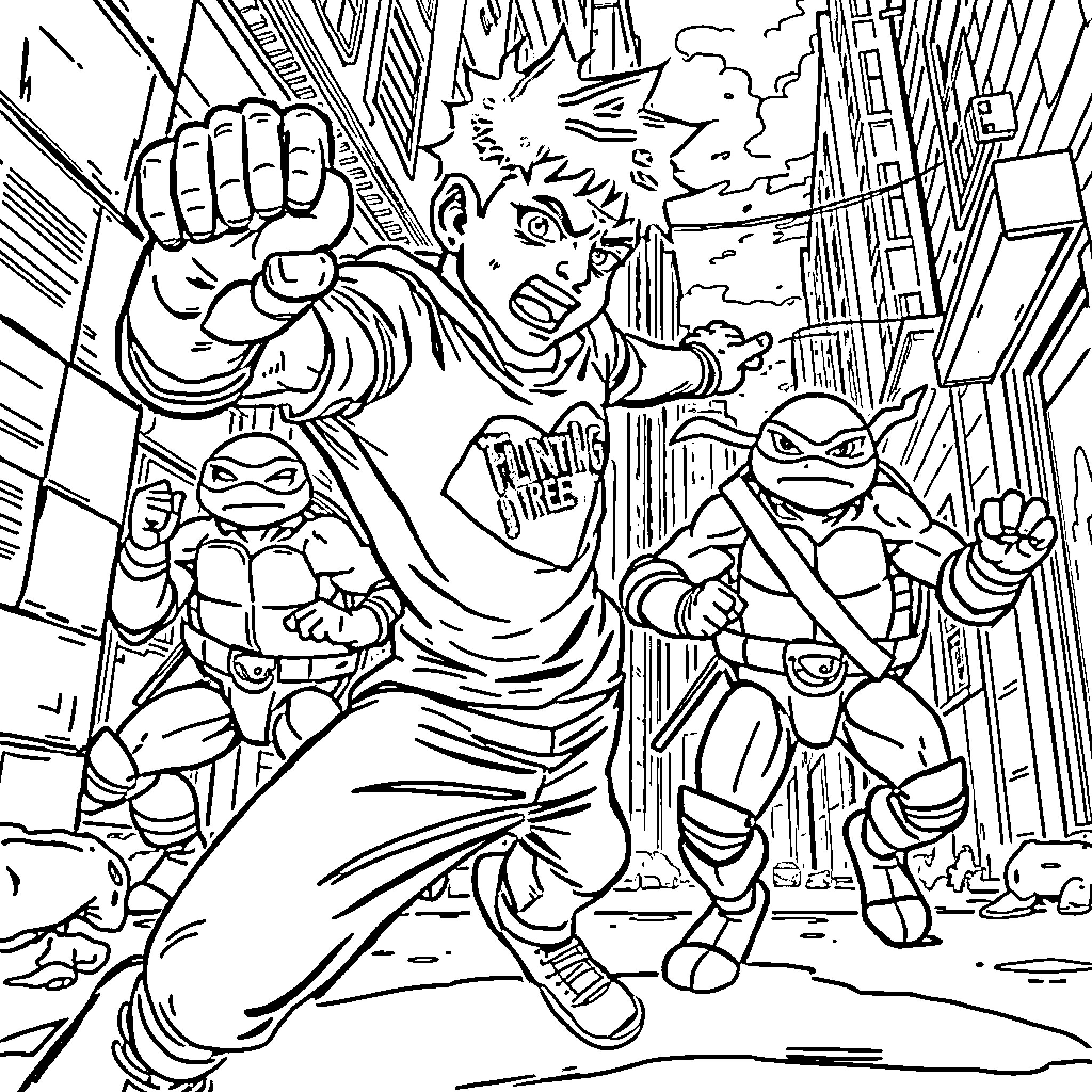 Miles Morales battling alongside Teenage Mutant Ninja Turtles Coloring Page (free black-and-white line drawing printable PDF for all, from beginners to advanced learners, including children, teens, adults, and seniors)