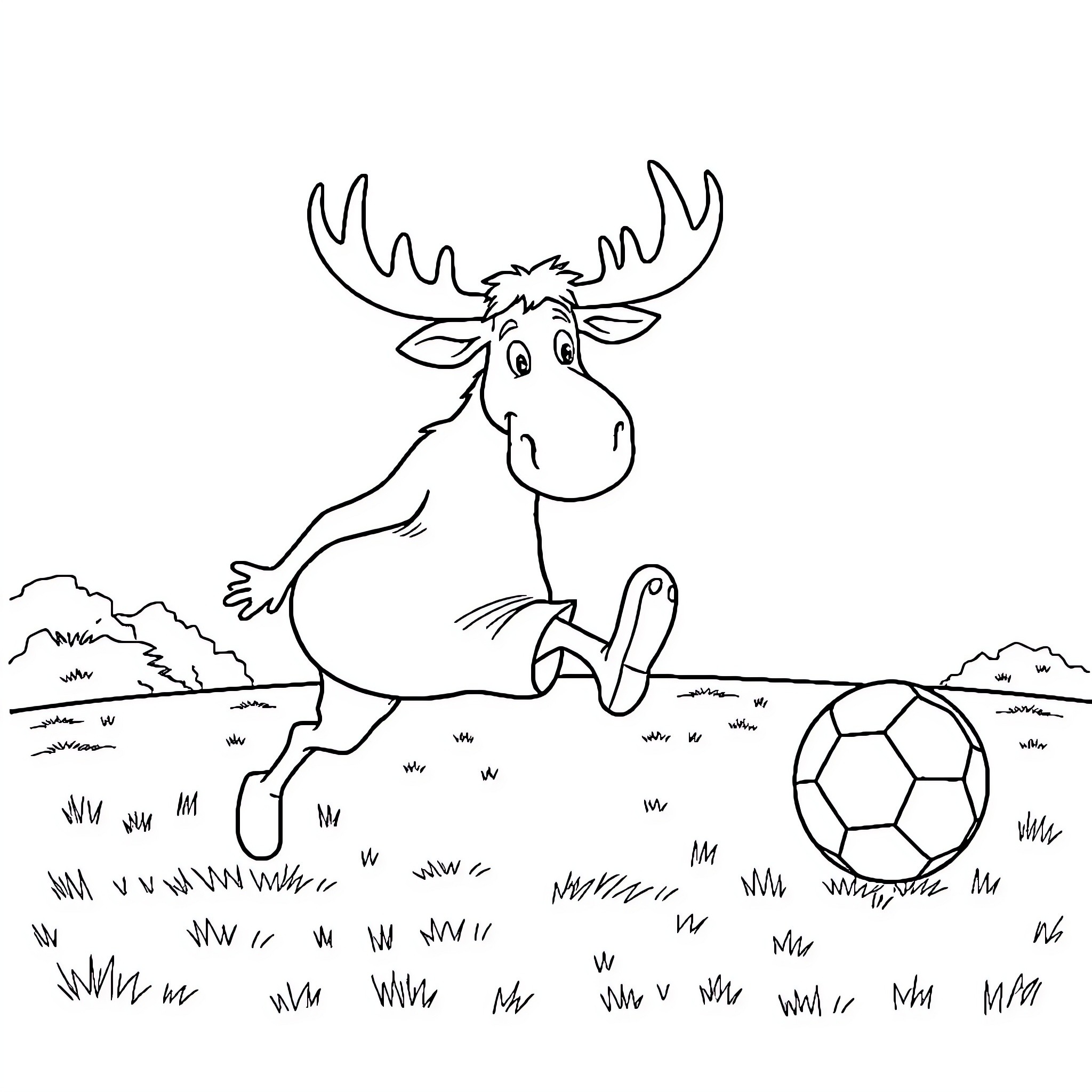 Moose playing happily with soccer ball in the field Coloring Page (free black-and-white line drawing printable PDF for all, from beginners to advanced learners, including children, teens, adults, and seniors)