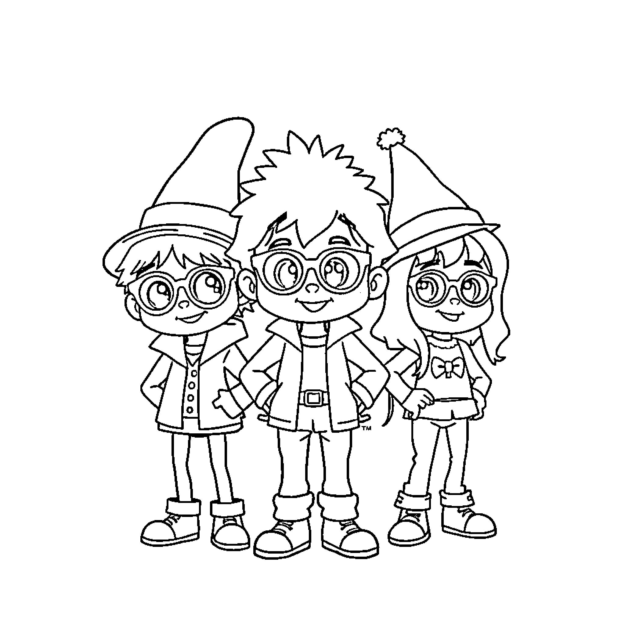Dandy Friends in Whimsical Outfits Coloring Page (free black-and-white line drawing printable PDF for all, from beginners to advanced learners, including children, teens, adults, and seniors)