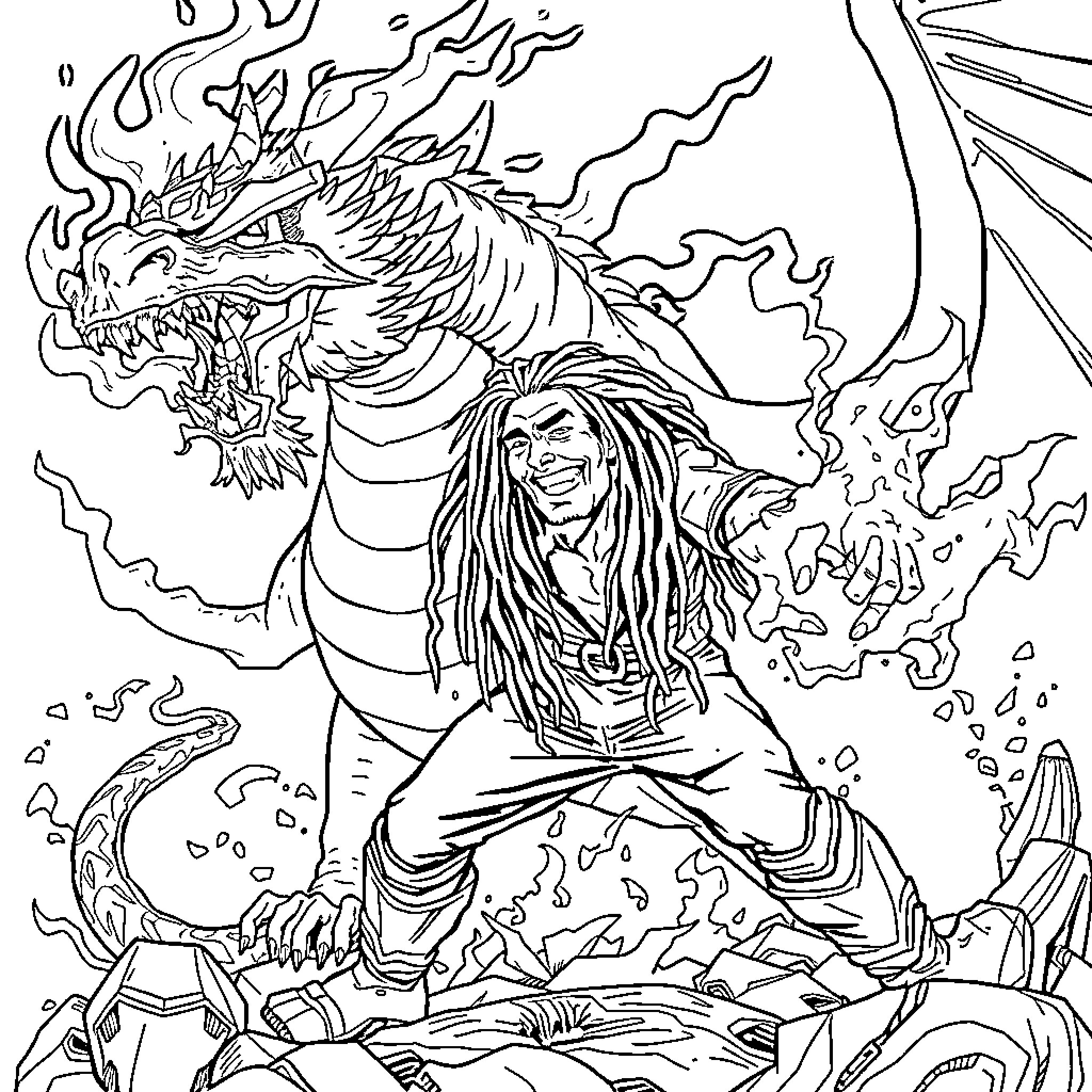 Bob Marley commanding a fierce dragon Coloring Page (free black-and-white line drawing printable PDF for all, from beginners to advanced learners, including children, teens, adults, and seniors)