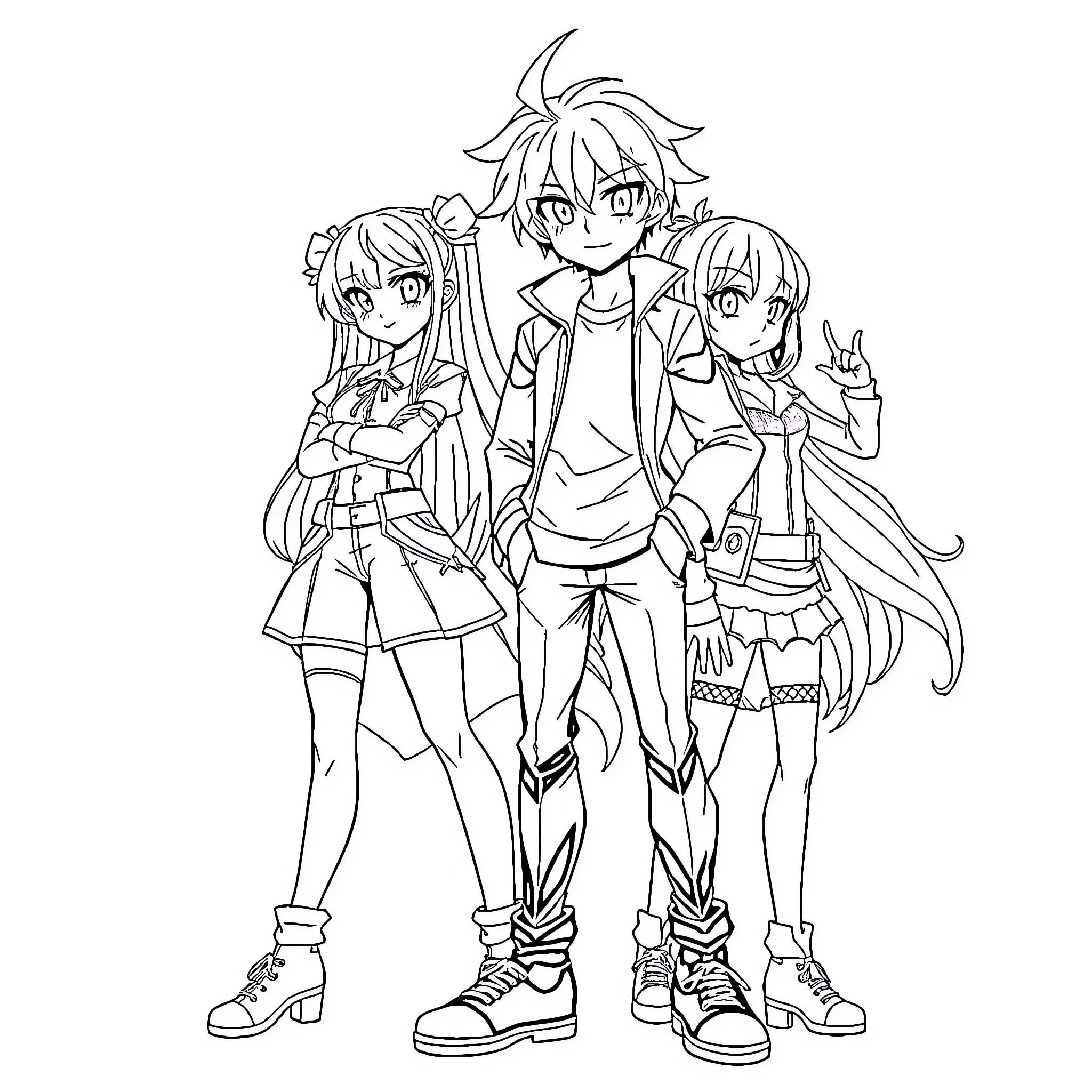 Anime Characters in Casual Attire and Poses Coloring Page (free black-and-white line drawing printable PDF for all, from beginners to advanced learners, including children, teens, adults, and seniors)