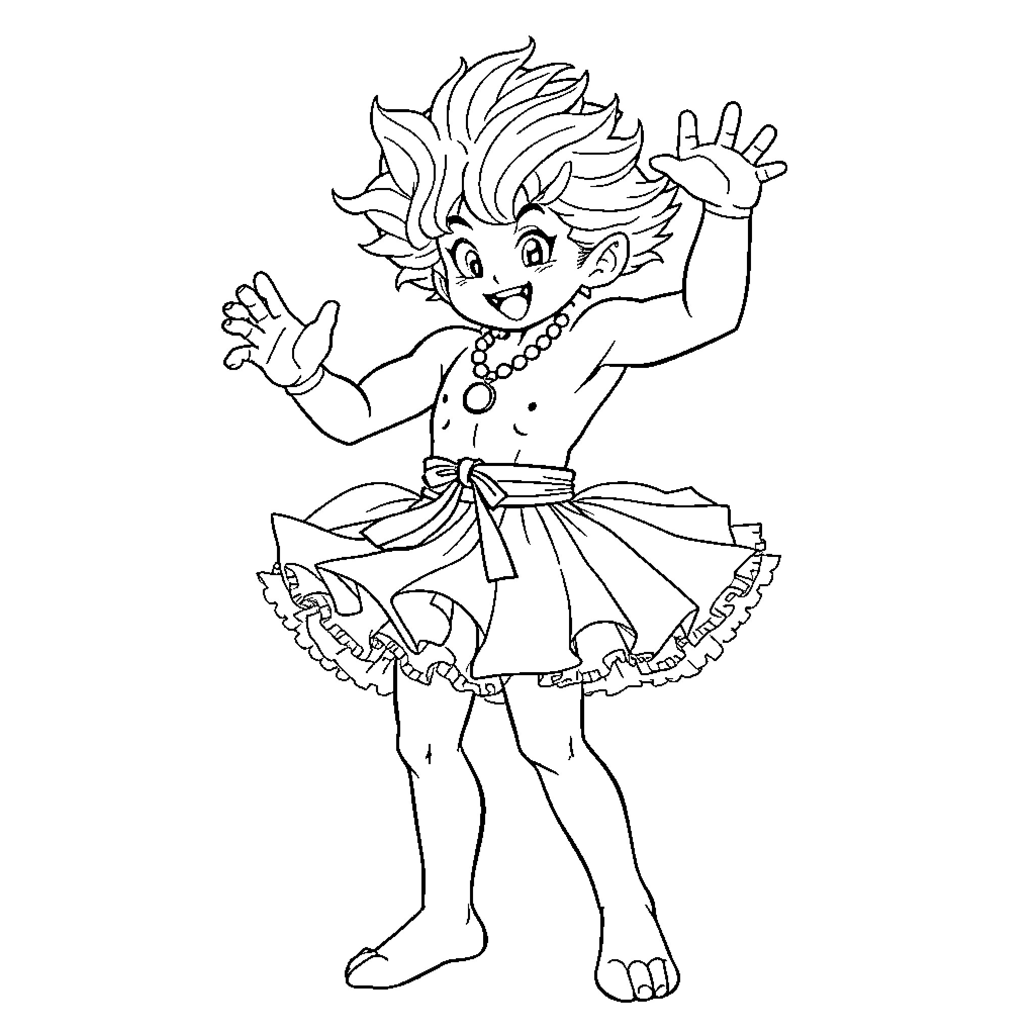 Sangoku character in playful costume and pose Coloring Page (free black-and-white line drawing printable PDF for all, from beginners to advanced learners, including children, teens, adults, and seniors)