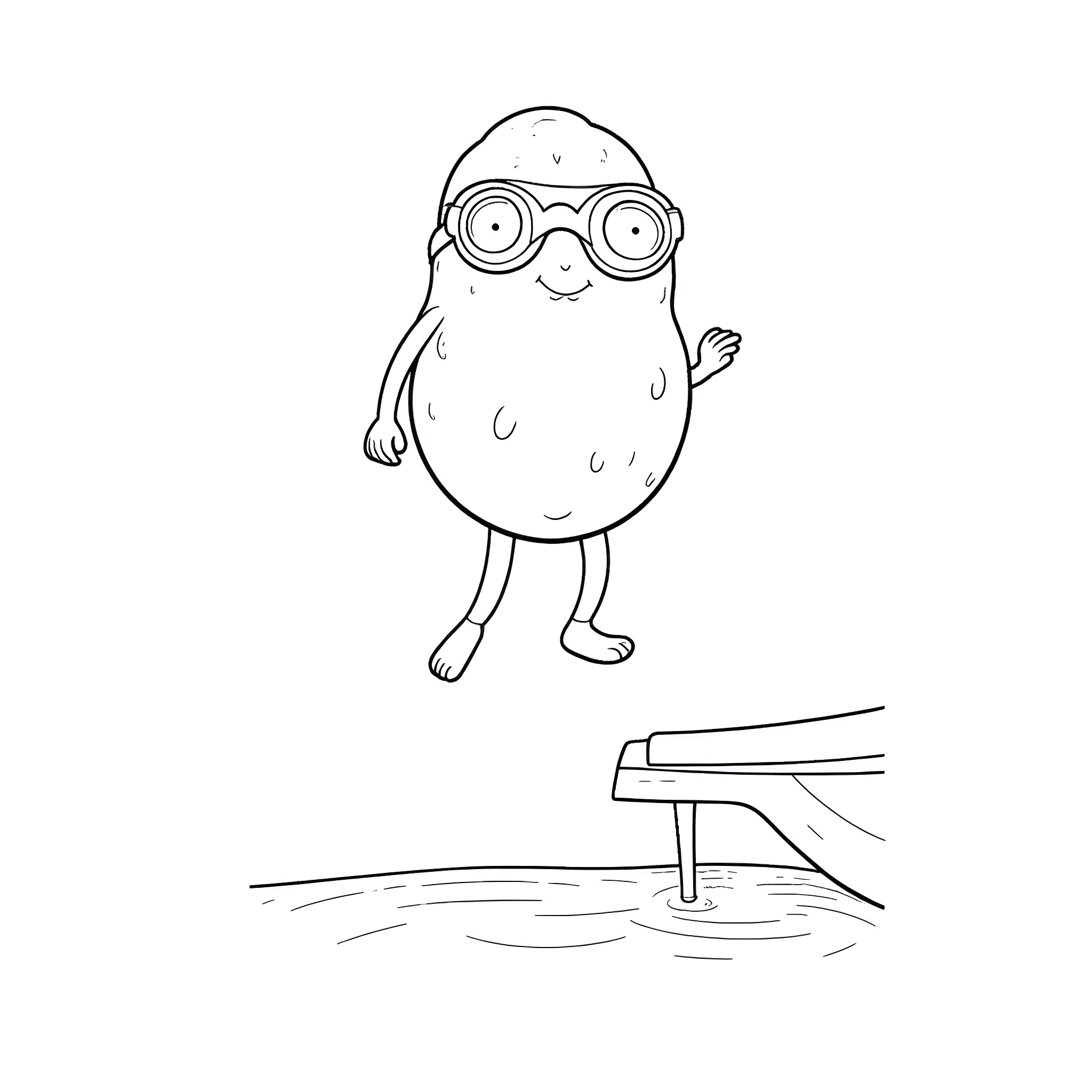 Potato character with glasses waves near diving board Coloring Page (free black-and-white line drawing printable PDF for all, from beginners to advanced learners, including children, teens, adults, and seniors)
