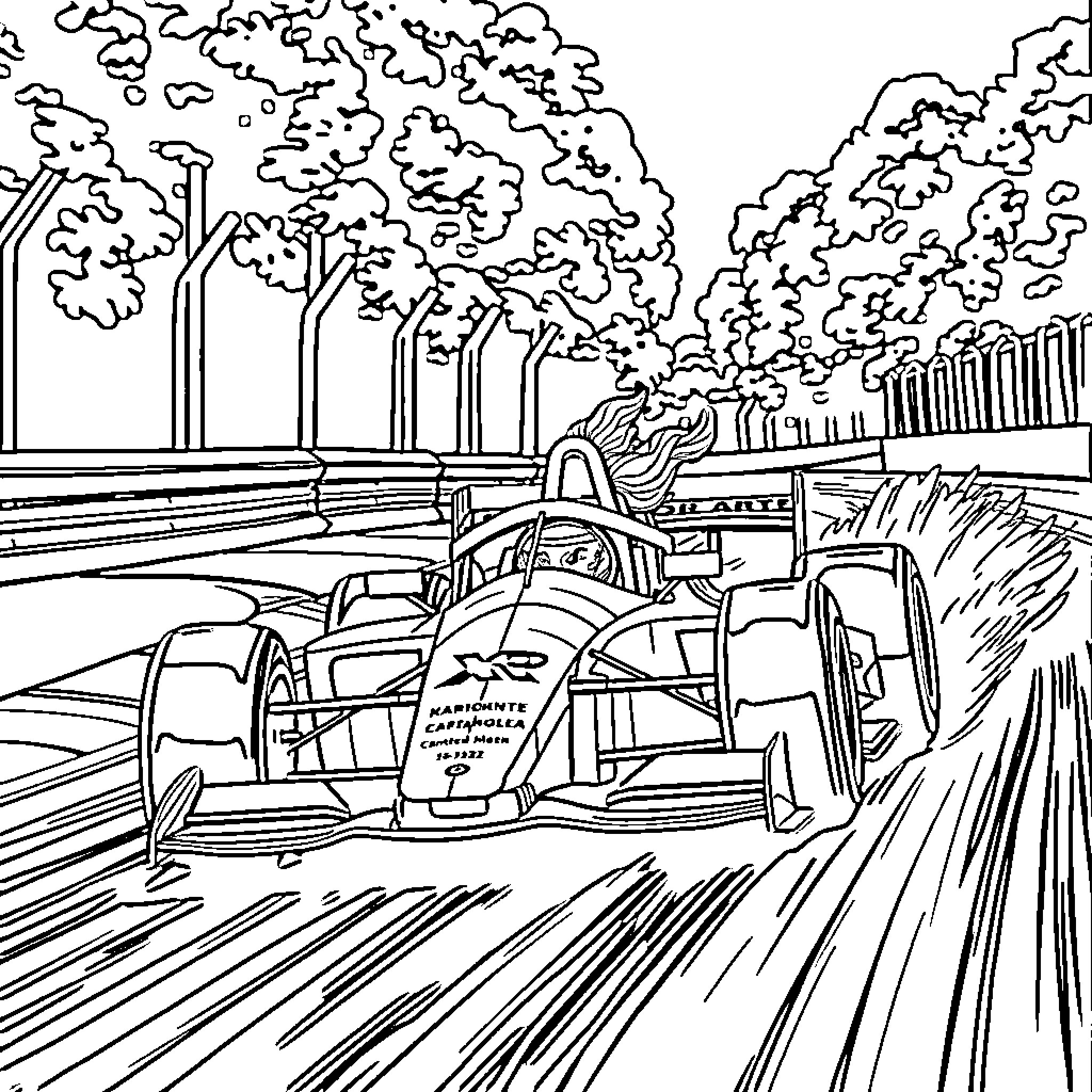 Unicorn Formula Race Car on the Track Coloring Page (free black-and-white line drawing printable PDF for all, from beginners to advanced learners, including children, teens, adults, and seniors)