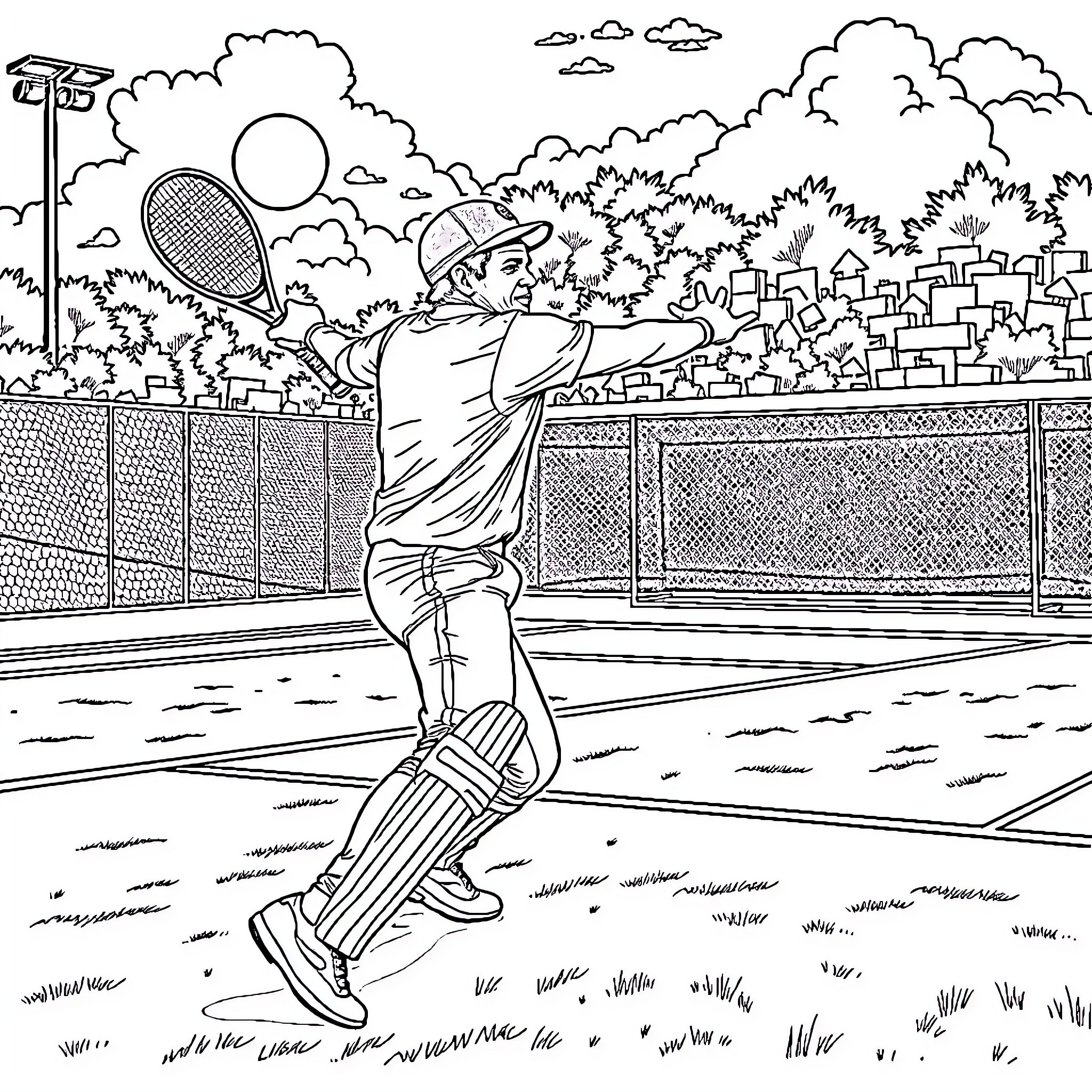 Sachin Tendulkar playing tennis on the court Coloring Page (free black-and-white line drawing printable PDF for all, from beginners to advanced learners, including children, teens, adults, and seniors)