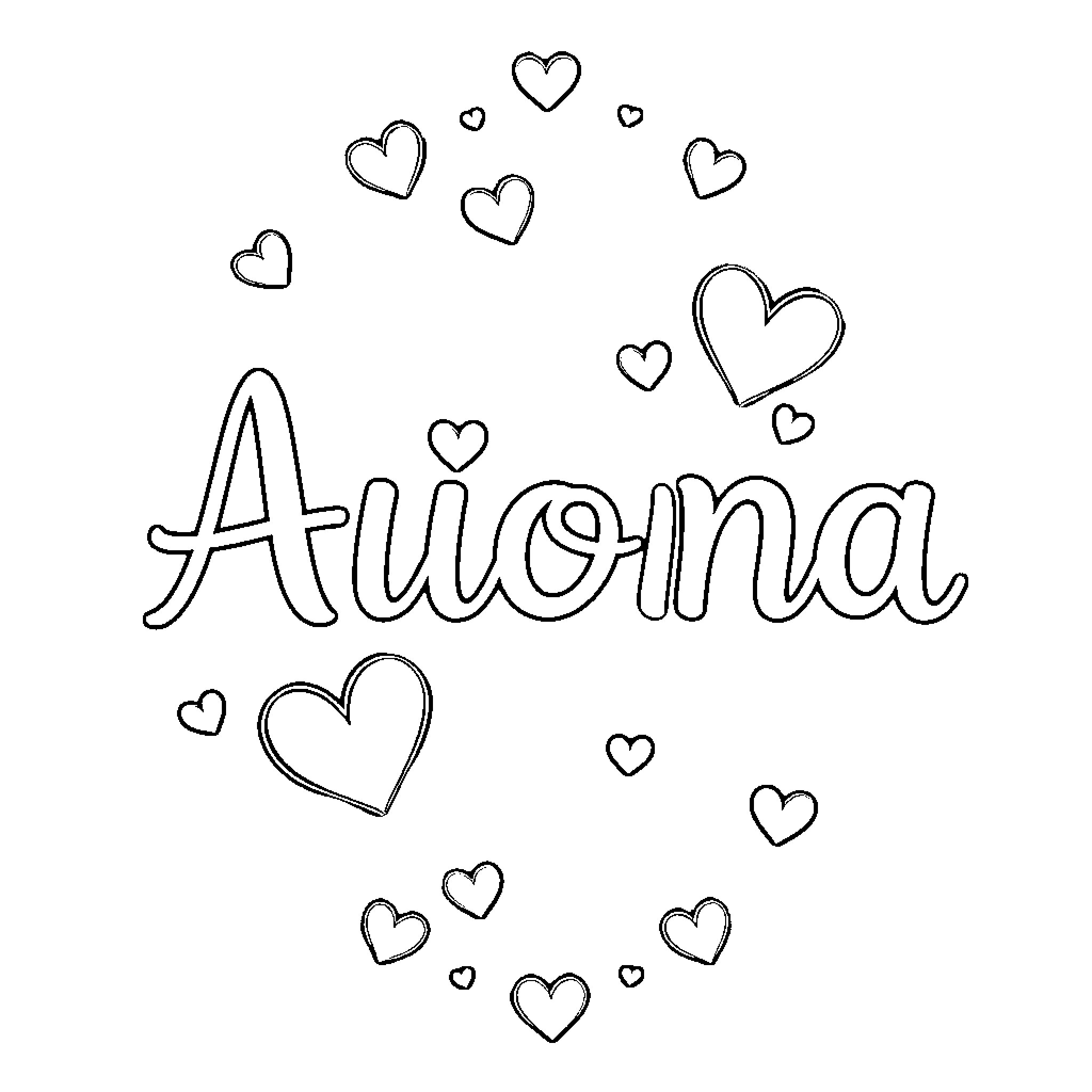 Aiona surrounded by playful hearts Coloring Page (free black-and-white line drawing printable PDF for all, from beginners to advanced learners, including children, teens, adults, and seniors)