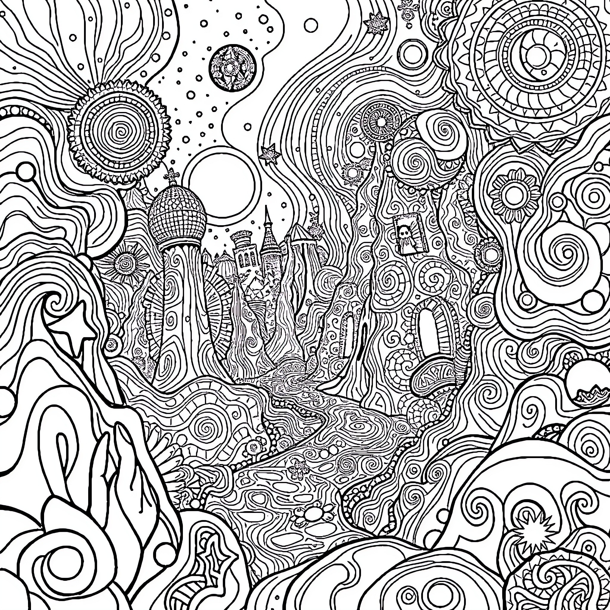 Utopia of Fantastical Dreamscapes Coloring Page (free black-and-white line drawing printable PDF for all, from beginners to advanced learners, including children, teens, adults, and seniors)