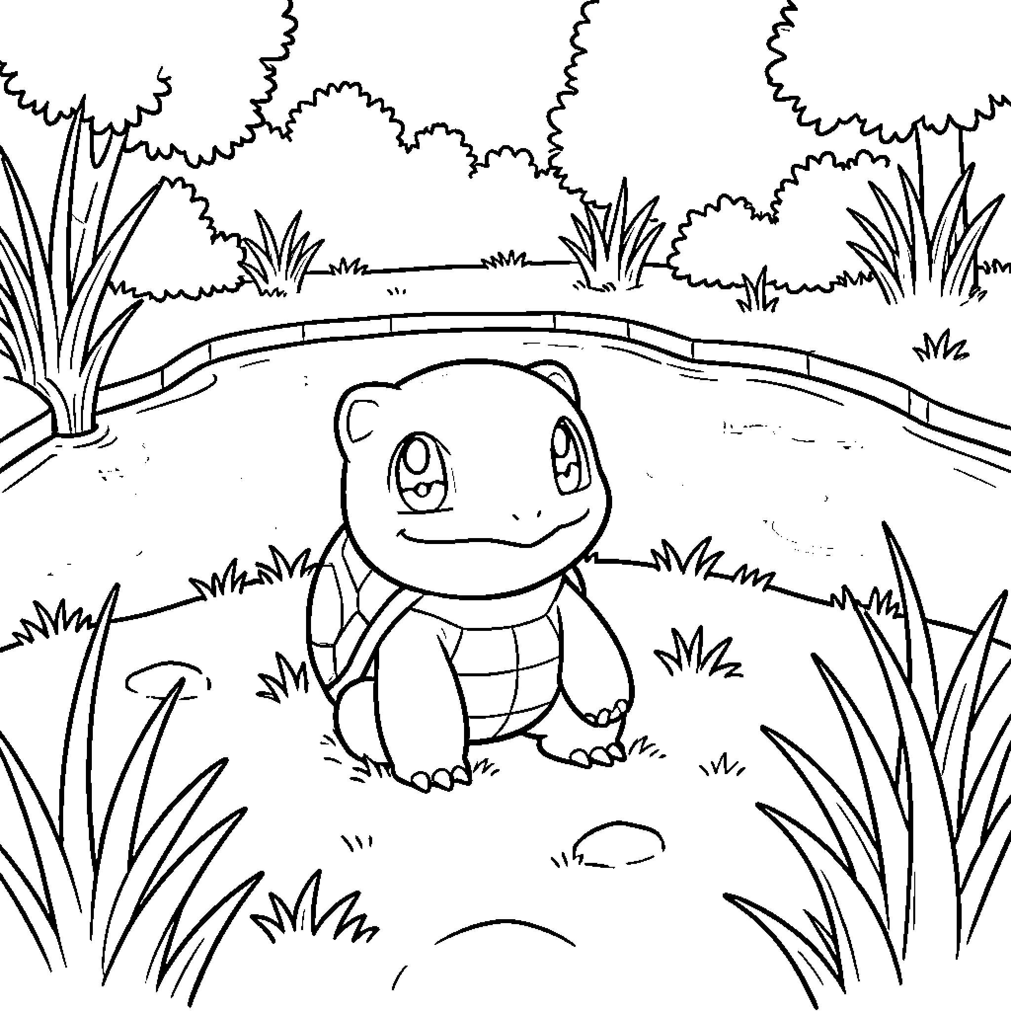 Squirtle exploring the natural landscape Coloring Page (free black-and-white line drawing printable PDF for all, from beginners to advanced learners, including children, teens, adults, and seniors)