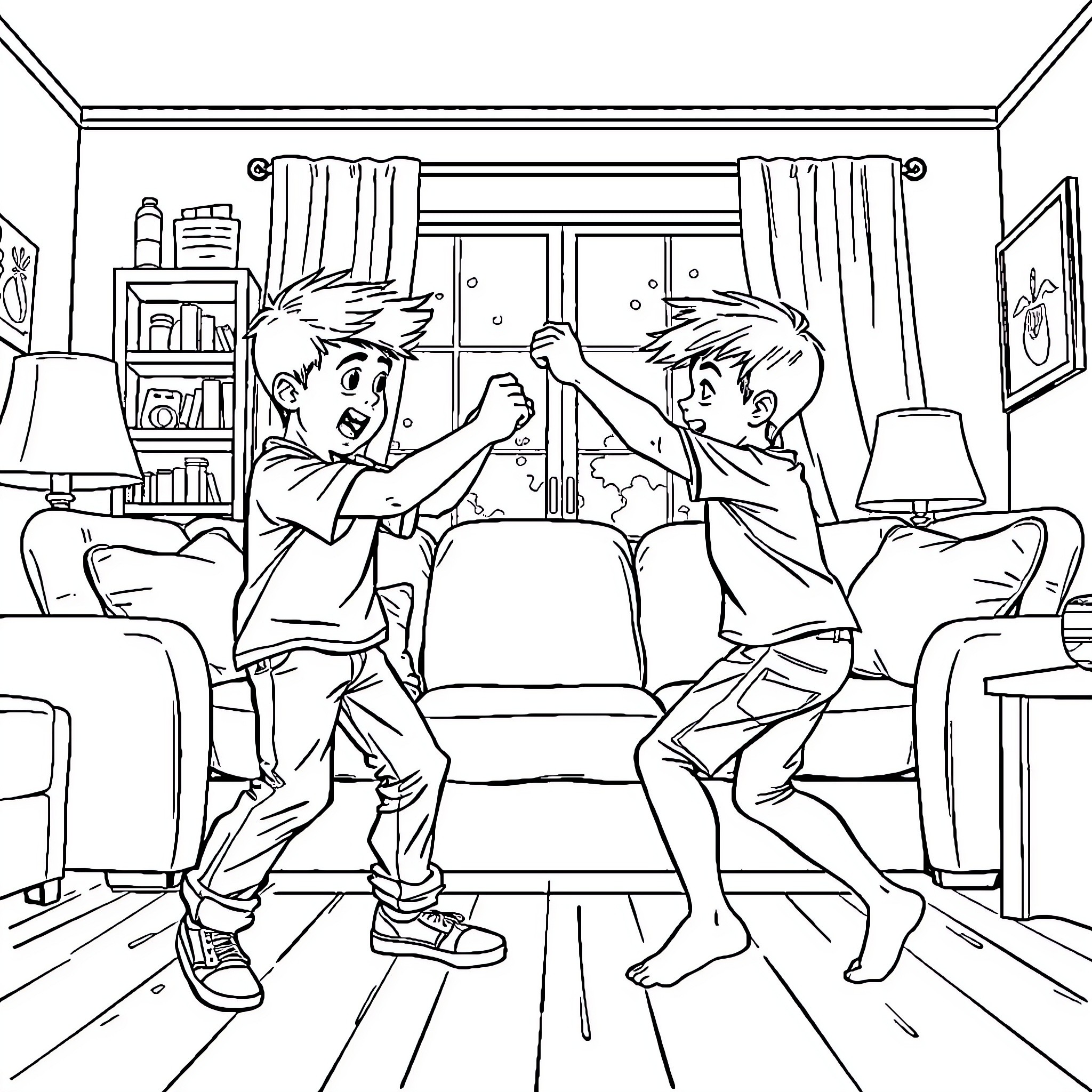 Brothers having an indoor playful moment Coloring Page (free black-and-white line drawing printable PDF for all, from beginners to advanced learners, including children, teens, adults, and seniors)