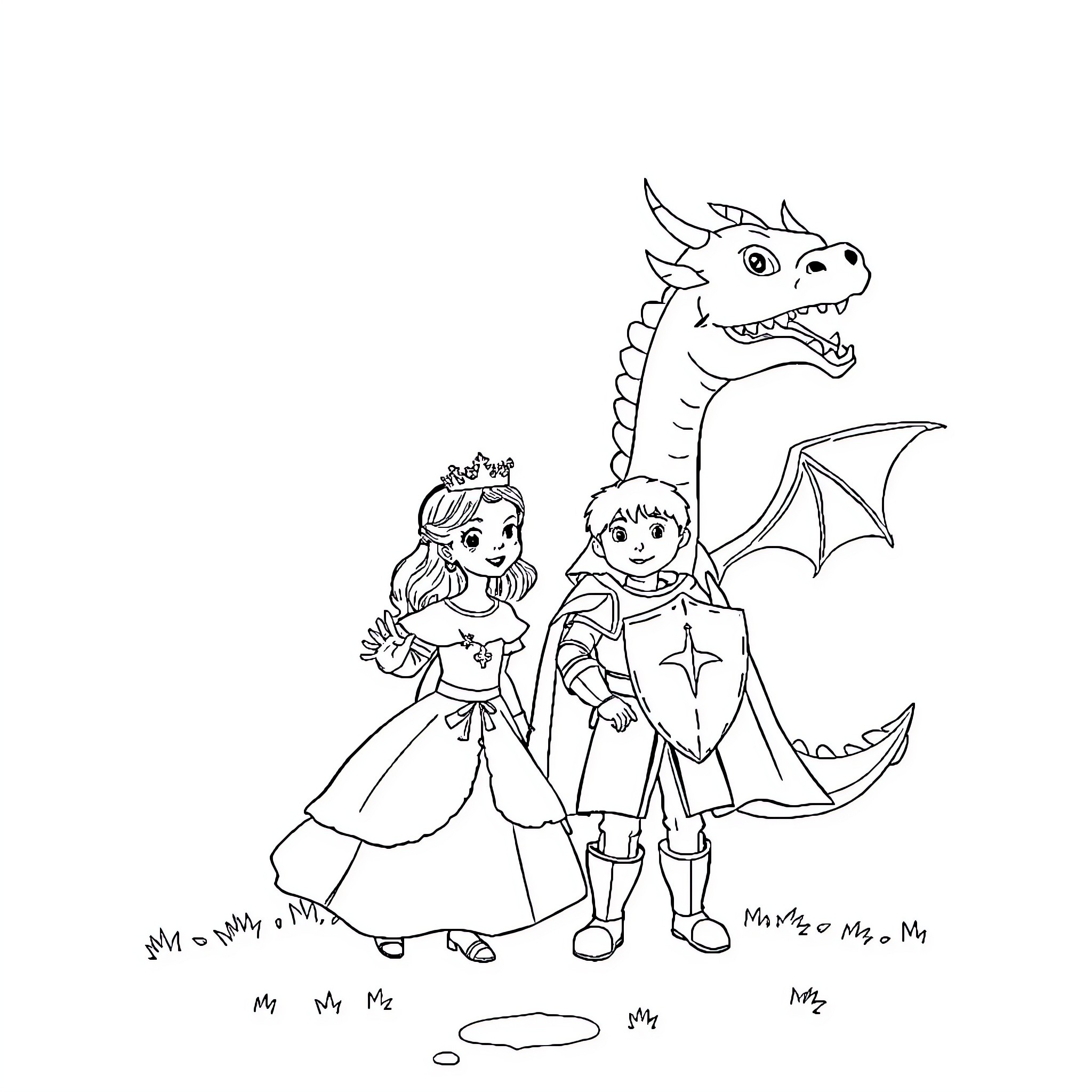 Princess and Prince with Friendly Dragon Coloring Page (free black-and-white line drawing printable PDF for all, from beginners to advanced learners, including children, teens, adults, and seniors)