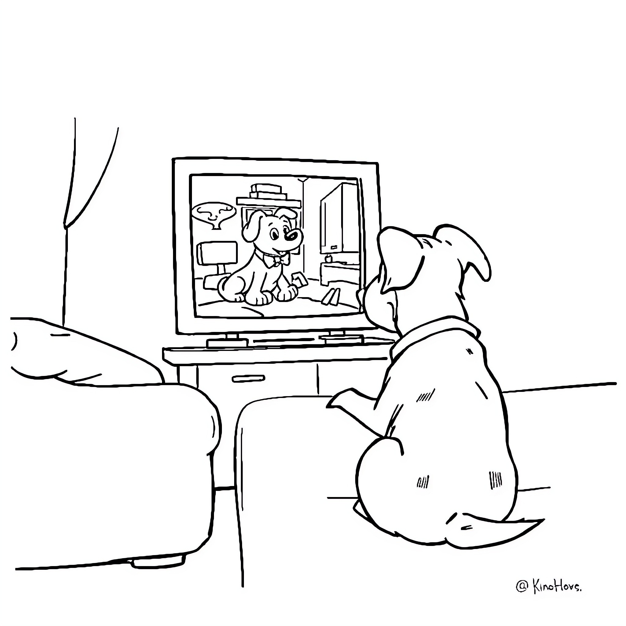 Dog watching a cartoon on TV Coloring Page (free black-and-white line drawing printable PDF for all, from beginners to advanced learners, including children, teens, adults, and seniors)