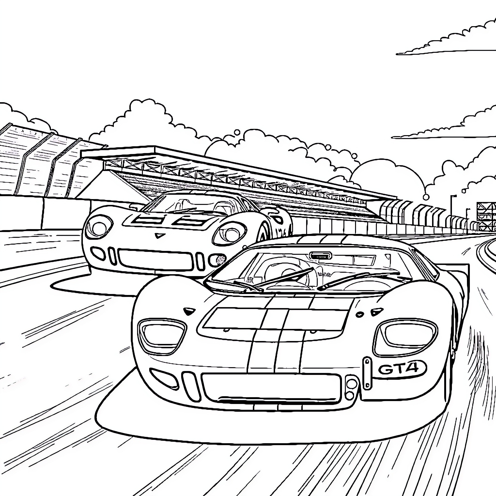 GT40 racing cars speeding on the track Coloring Page (free black-and-white line drawing printable PDF for all, from beginners to advanced learners, including children, teens, adults, and seniors)