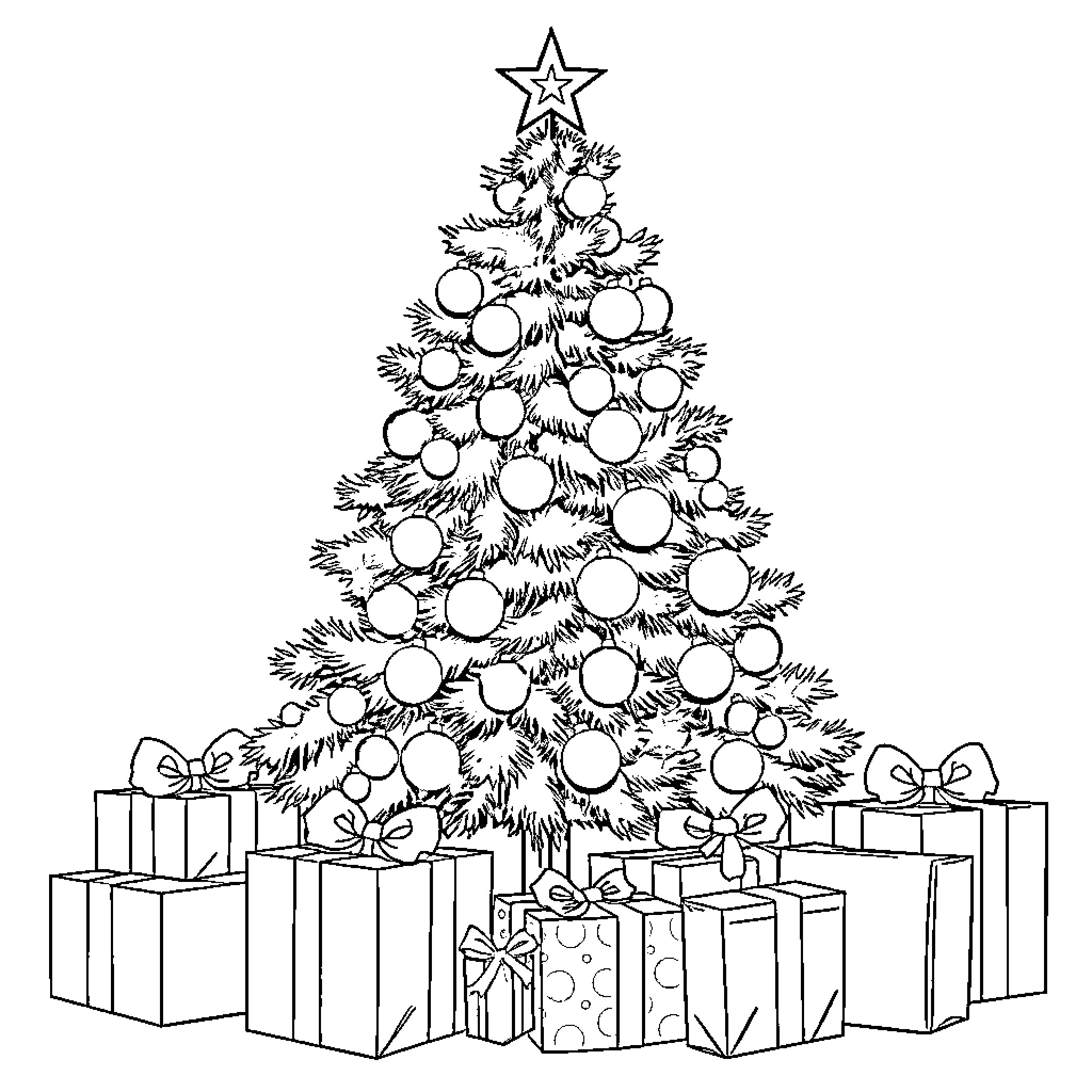 Christmas Tree with Ornaments and Gifts Coloring Page (free black-and-white line drawing printable PDF for all, from beginners to advanced learners, including children, teens, adults, and seniors)