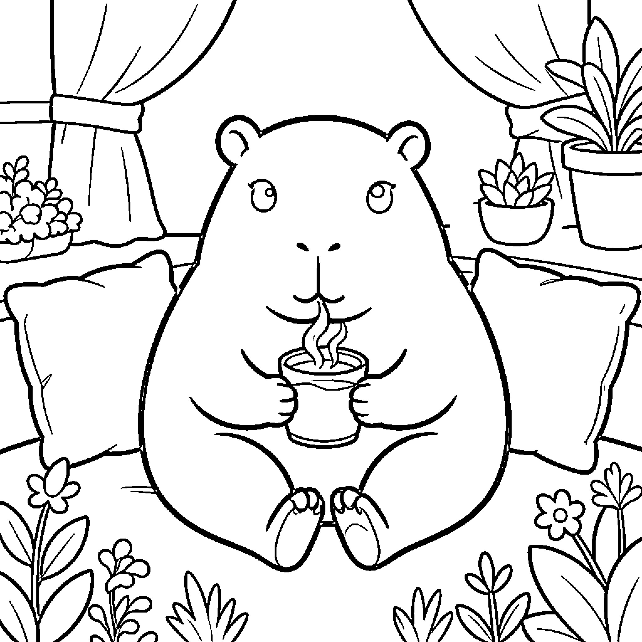 Capybara enjoying a cozy indoor scene Coloring Page (free black-and-white line drawing printable PDF for all, from beginners to advanced learners, including children, teens, adults, and seniors)