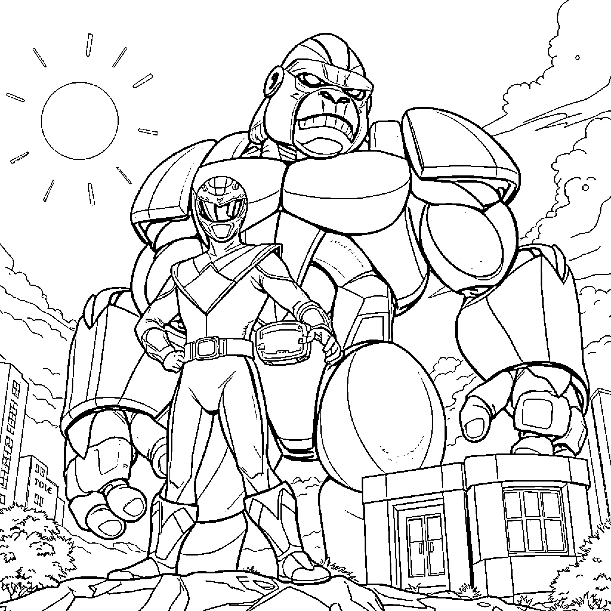 Power Ranger heroes in epic battle scene Coloring Page (free black-and-white line drawing printable PDF for all, from beginners to advanced learners, including children, teens, adults, and seniors)