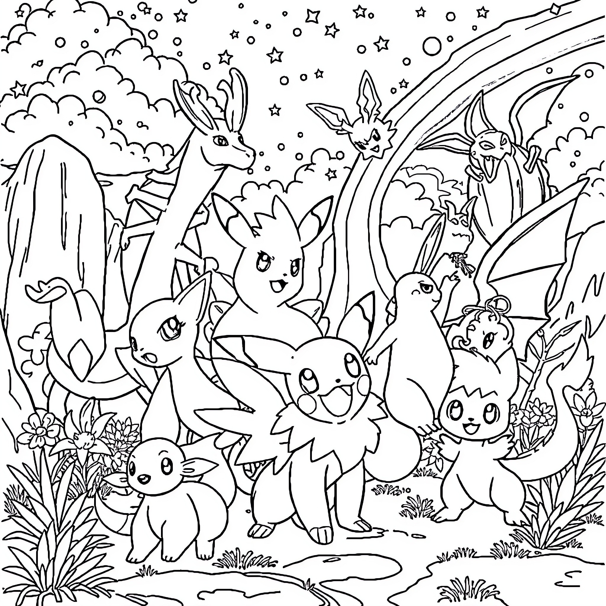 Pokémon characters exploring the magical night sky Coloring Page (free black-and-white line drawing printable PDF for all, from beginners to advanced learners, including children, teens, adults, and seniors)