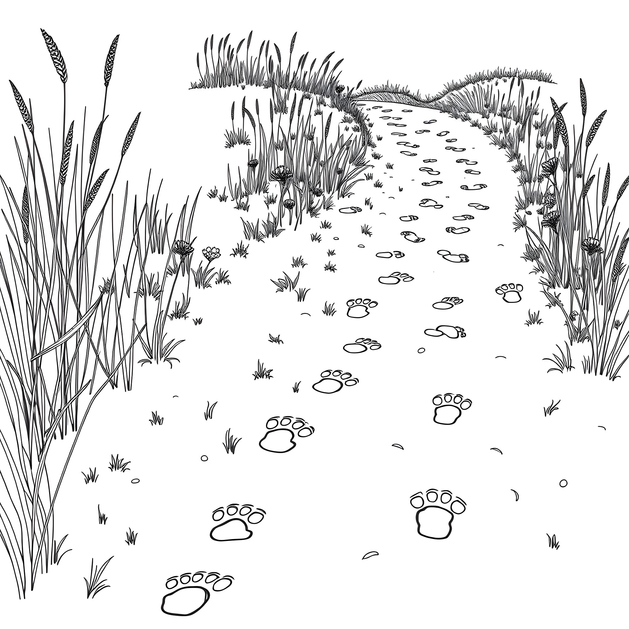 Animal Footprint in Grassy Field Coloring Page (free black-and-white line drawing printable PDF for all, from beginners to advanced learners, including children, teens, adults, and seniors)